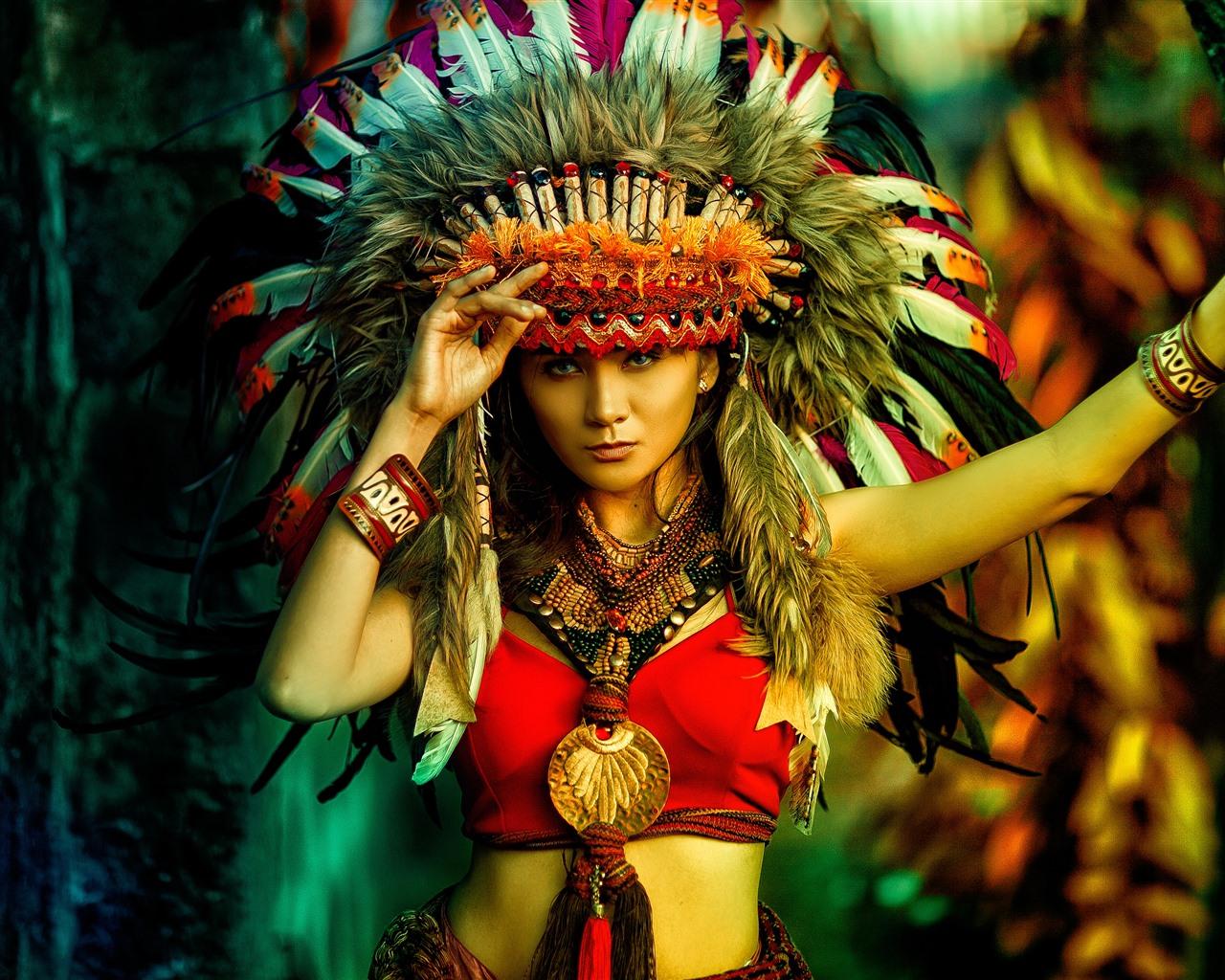 1280x1024 Wallpaper Asian girl, India style, feathers, decoration 5120x2880 UHD 5K Picture, Image