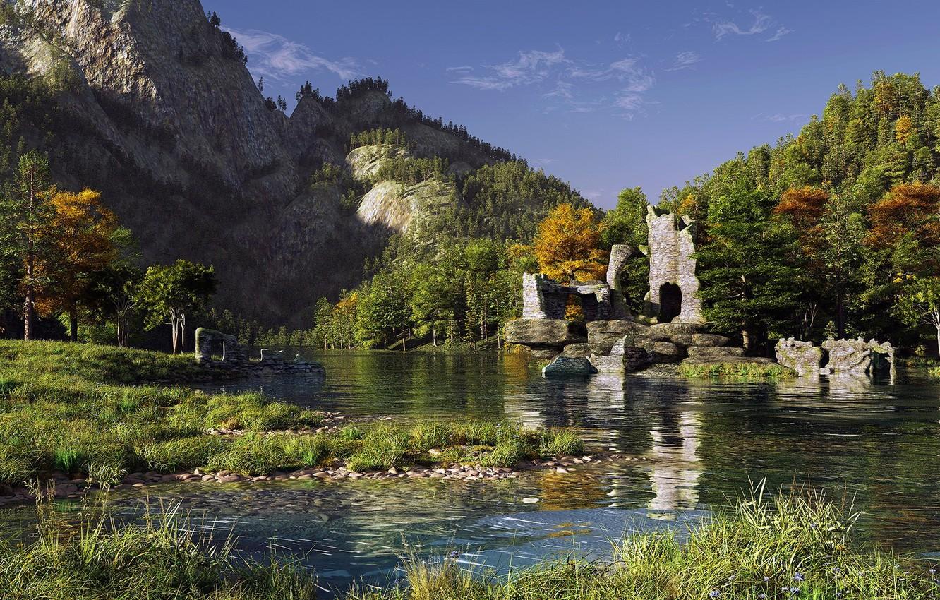 1332x850 Wallpaper grass, water, trees, mountains, river, the ruins, the old castle image for desktop, section пейзажи