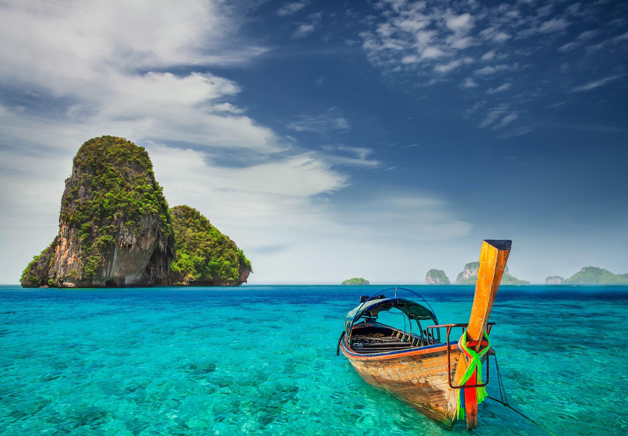 2048x1425 sea, Halong Bay, Island, Rock, Railay Beach, Boat, Water, Nature, Trees, Sky, Clouds, Landscape Wallpaper HD / Desktop and Mobile Background