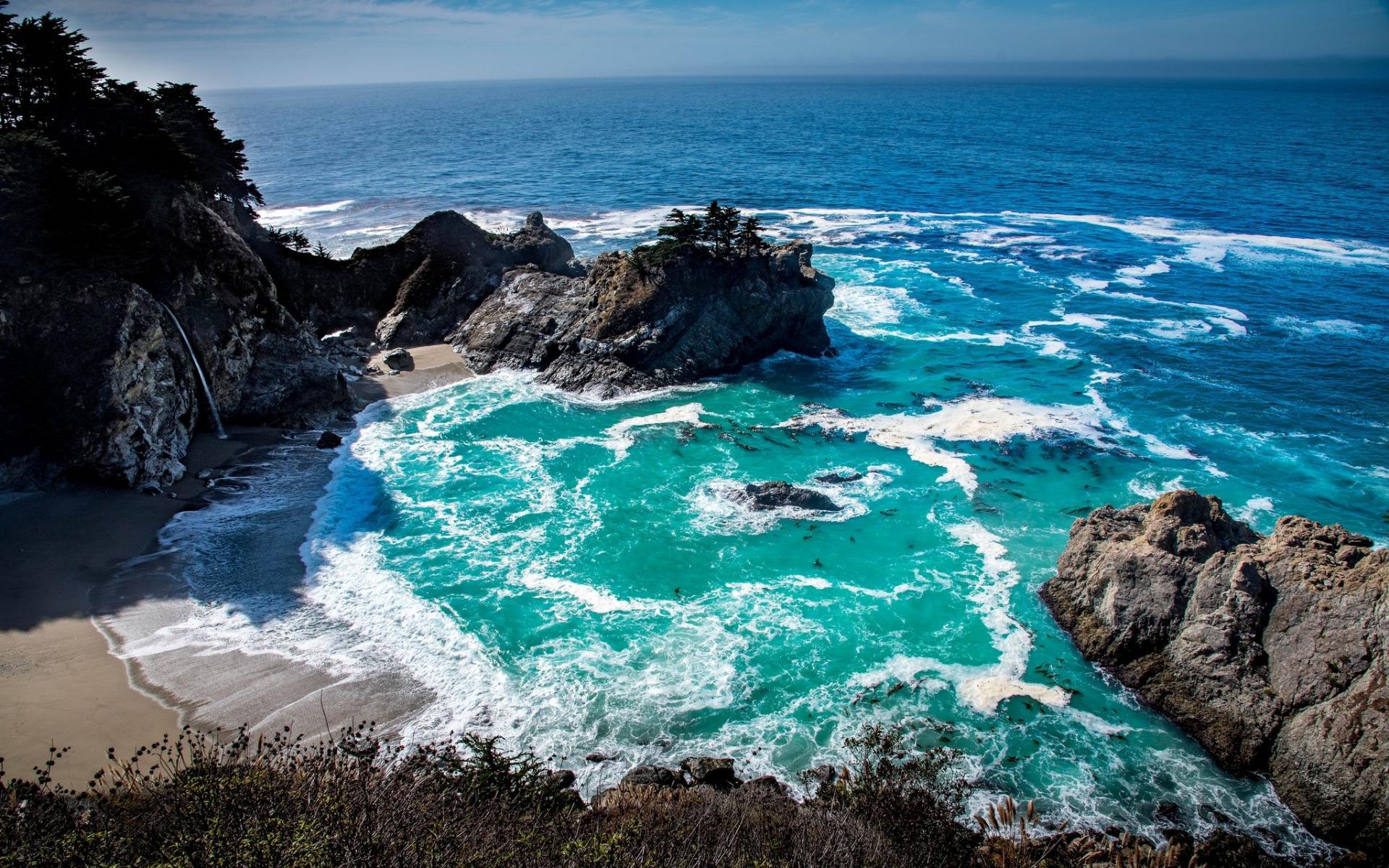 1920x1200 Download wallpaper ocean, coast, cliffs, waterfall, waves, bay, California, USA for desktop with resolution 1920x1200. High Quality HD picture wallpaper