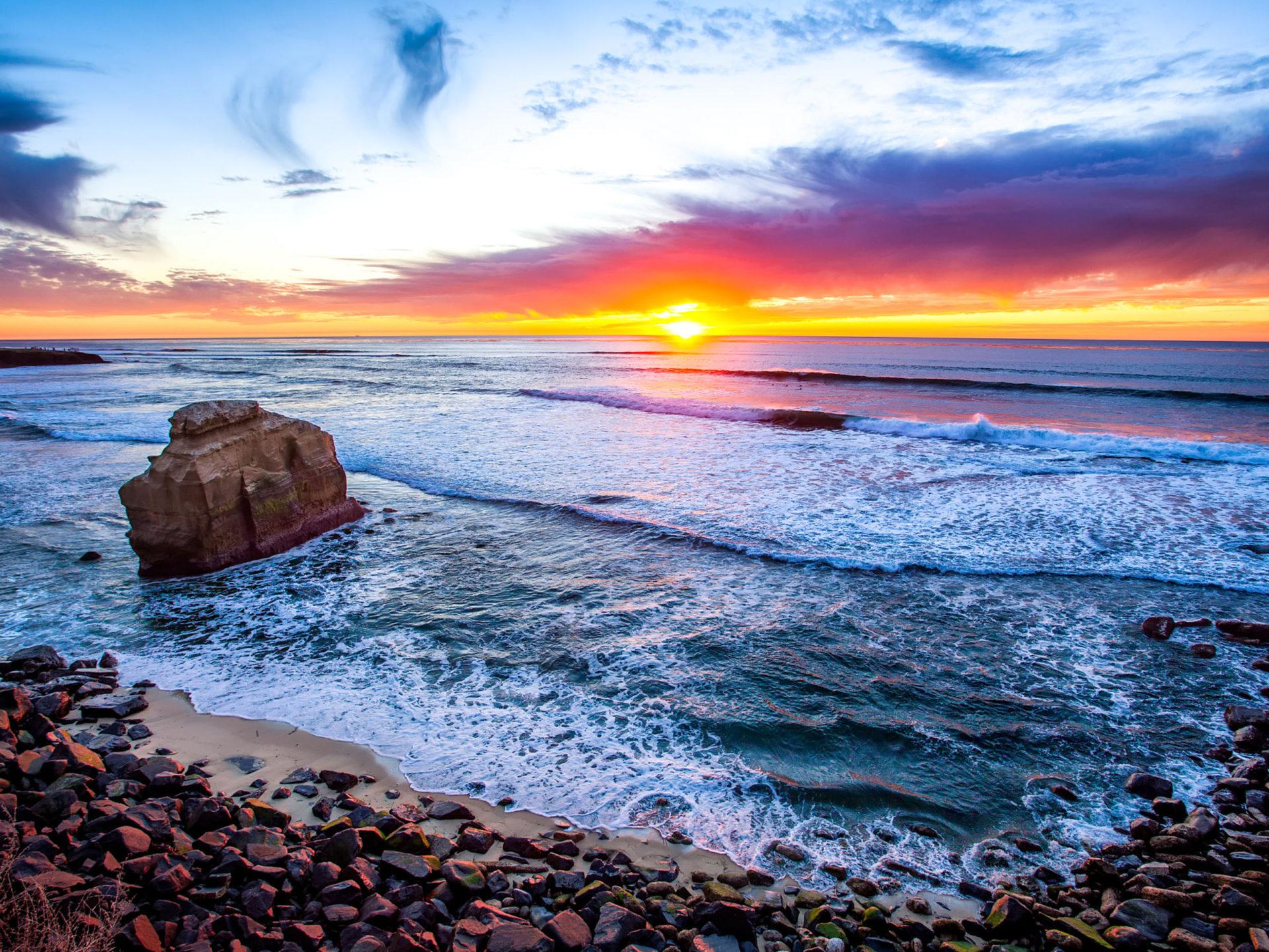 1920x1440 San Diego California Sunset Coast Stones Sandy Beach Ocean Waves Orange Red Sky Clouds Horizon HD Wallpaper For Desktop Mobile Phones And Lapx2400 :