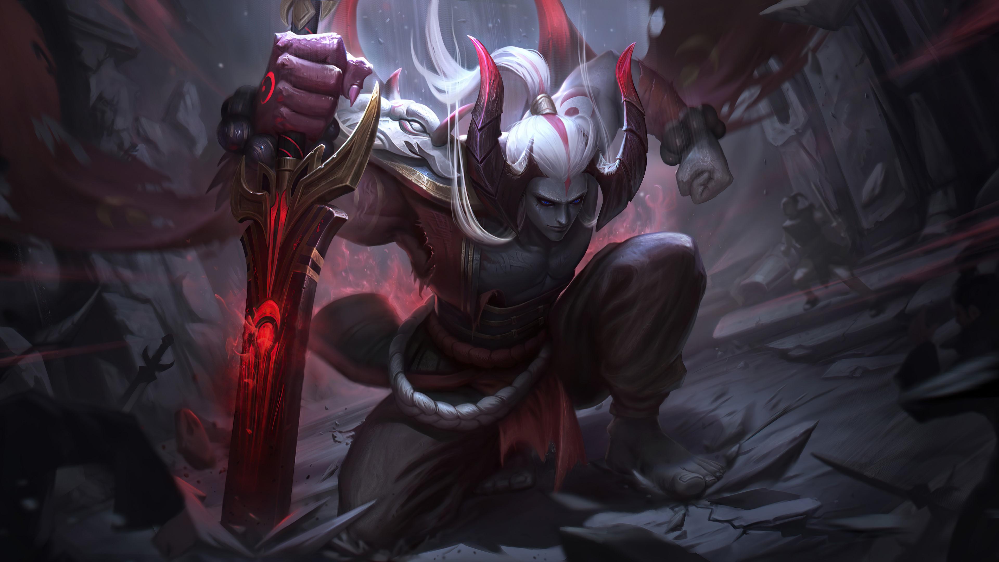3840x2160 4K, bloodmoon, Riot Games, League of Legends, Aatrox (League of Legends), video games, demon eyes, Aatrox, demon. Mocah HD Wallpaper