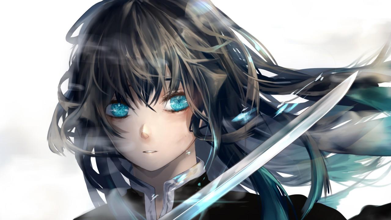 1280x720 Demon Slayer Blue Eyes Mitsuri Kanroji With Sword With White Background 4K HD Anime Wallpaper