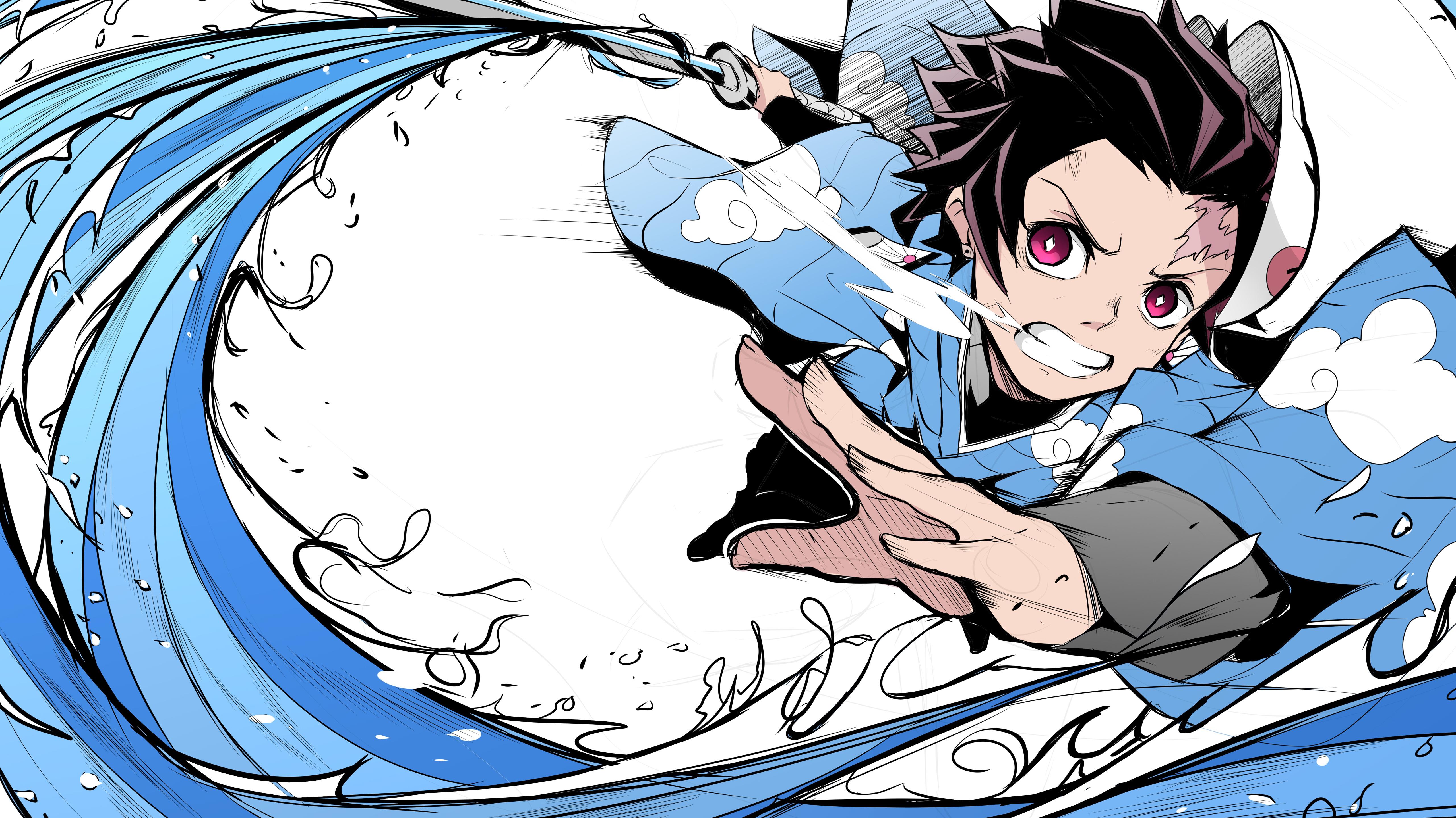 5120x2880 Demon Slayer Tanjirou Kamado With Purple Eyes Having Water Weapon With White Background 4K 5K HD Anime Wallpaper