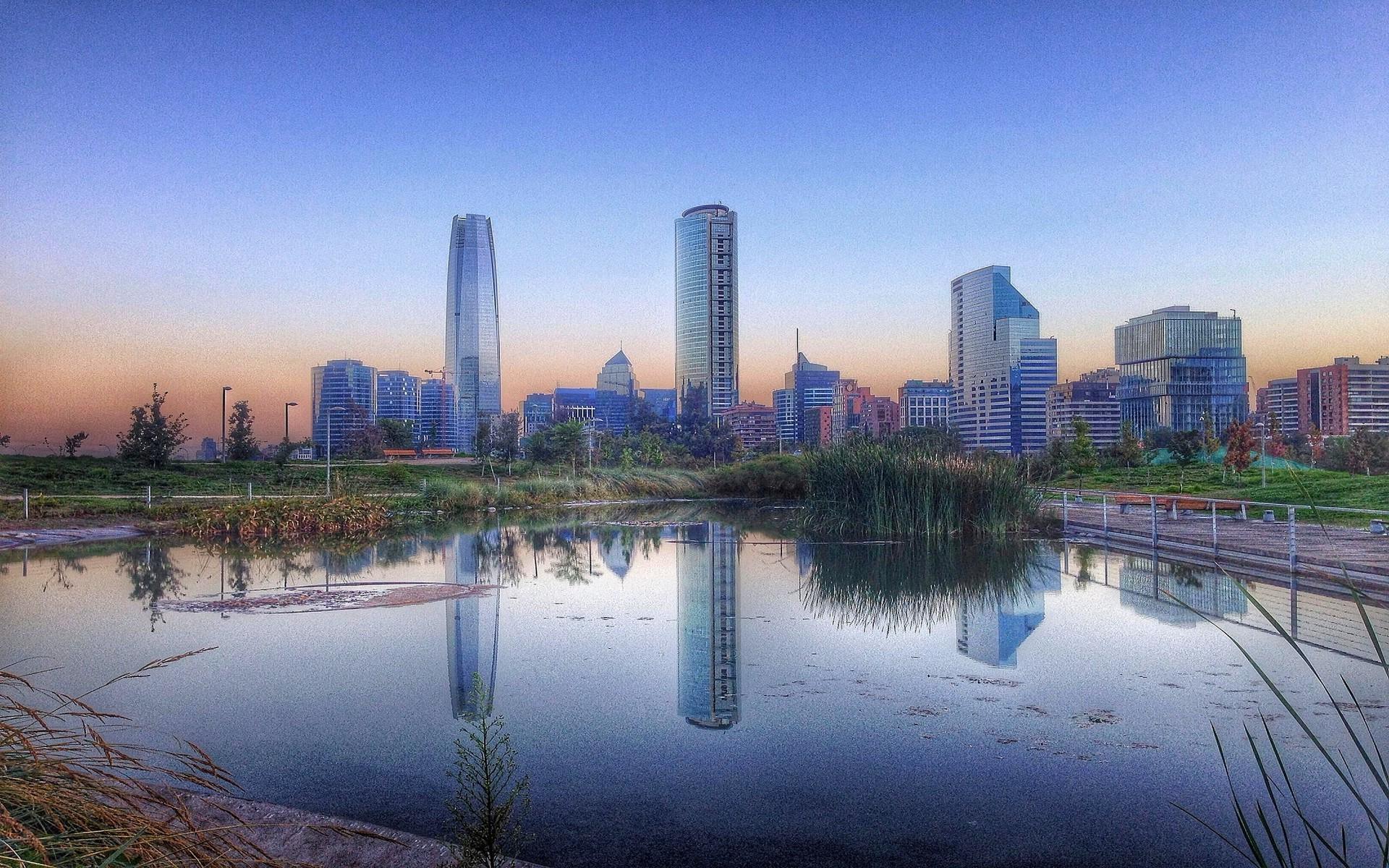 1920x1200 landscape, Cityscape, Santiago De Chile, Metropolis, Nature, Sunrise, Park, Pond, Skyscraper, Building, Architecture, Reflection, Shrubs, Water Wallpaper HD / Desktop and Mobile Background