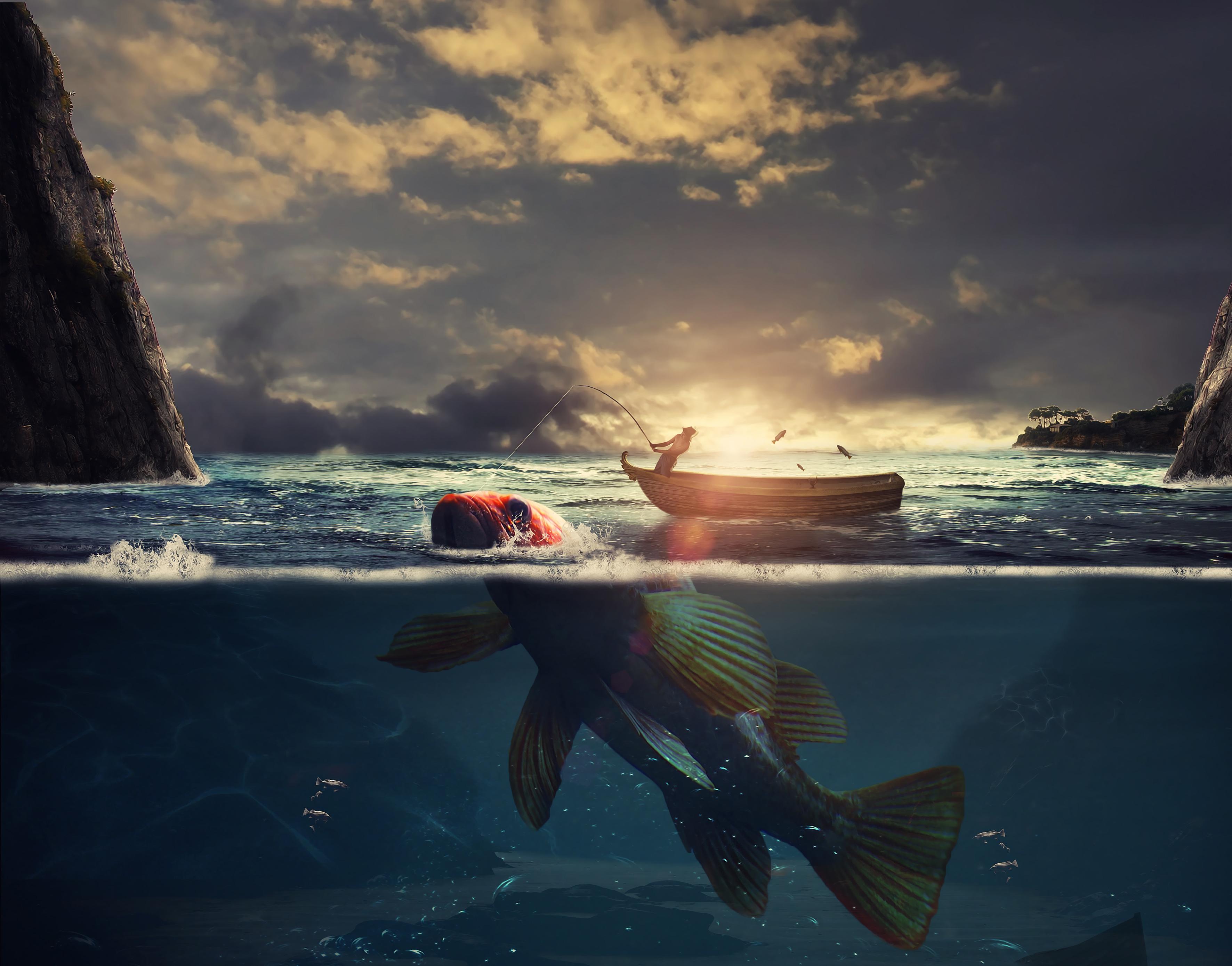 3543x2778 Surreal Wallpaper 4K, Fishing, Boat, Sea, Sunrise, Underwater, Fantasy