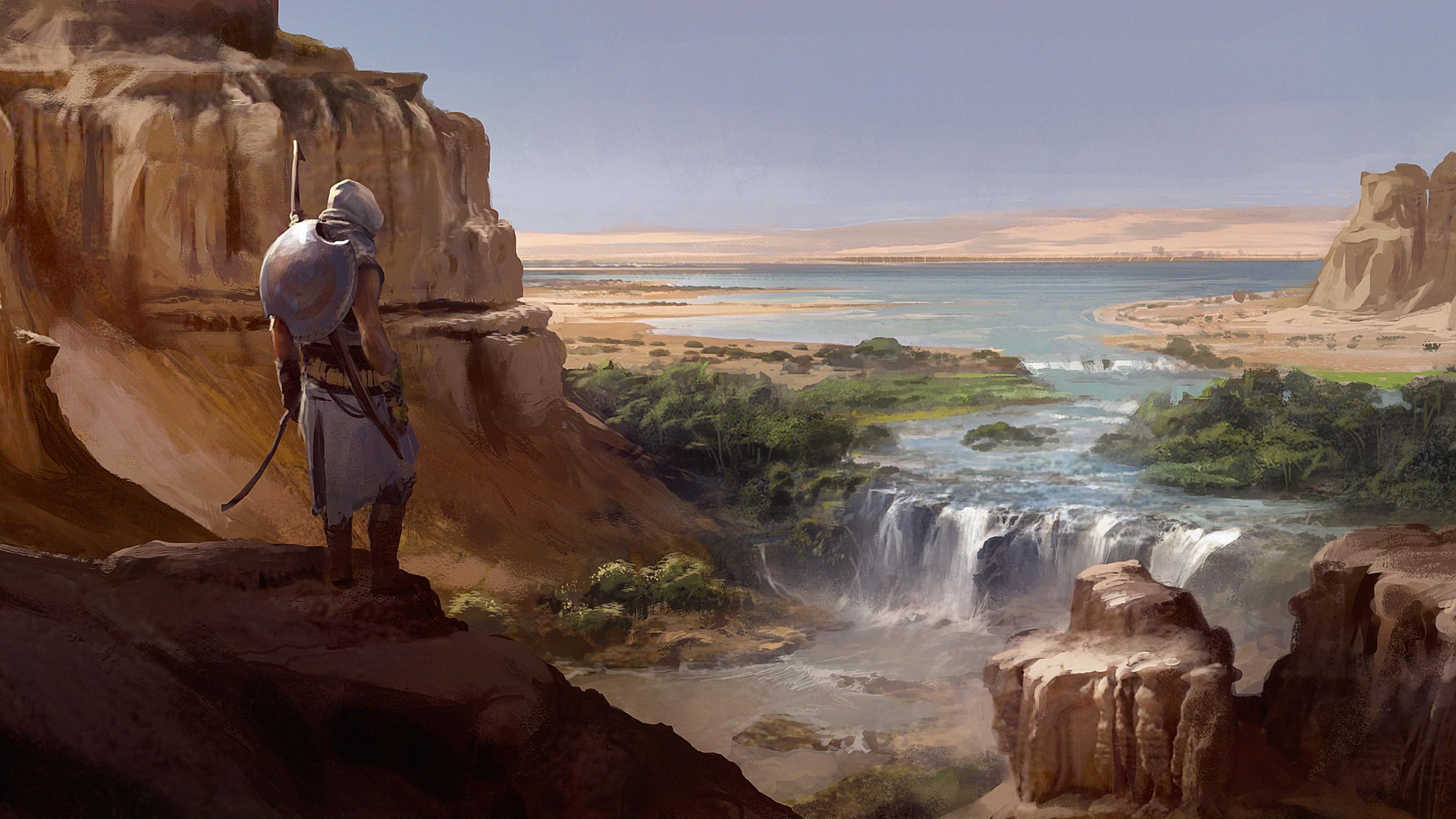 2880x1620 #digital art #desert #waterfall #Bayek #artwork #Egypt #Assassins Creed #river #landscape #Assassins Creed: Origins #warrior #video games wallpaper. Mocah HD Wallpaper