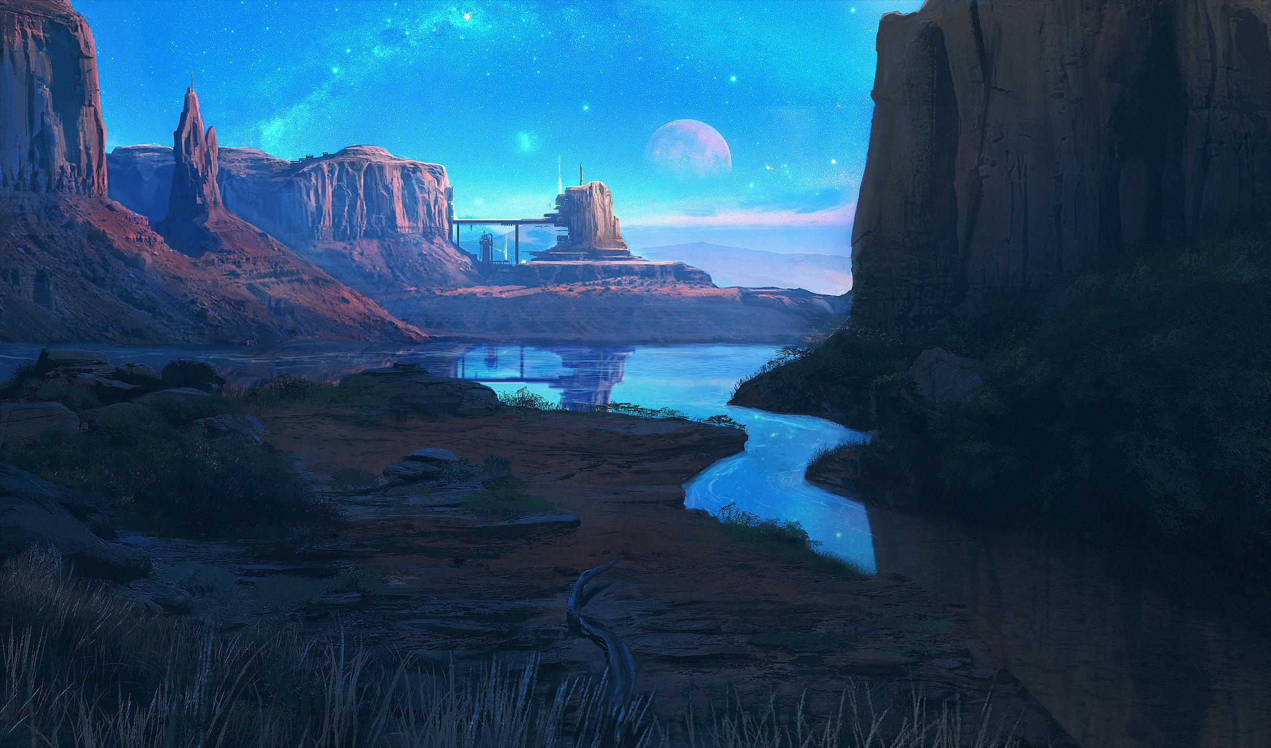 2500x1471 AlexDjayk Digital Art River Desert Science Fiction Illustration Artwork Wallpaper:2500x1471