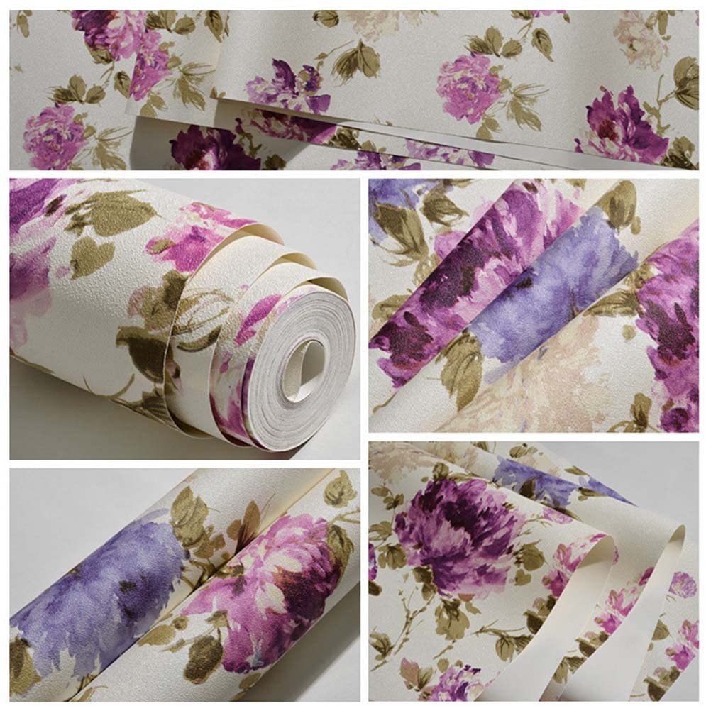 995x995 YJZ Vinyl Flower Wallpaper Vintage Modern Floral PVC Wall Paper Mural For Livingroom Bedroom Kitchen Bathroom Girl Room Women, Multicolor, Purple : Tools & Home Improvement