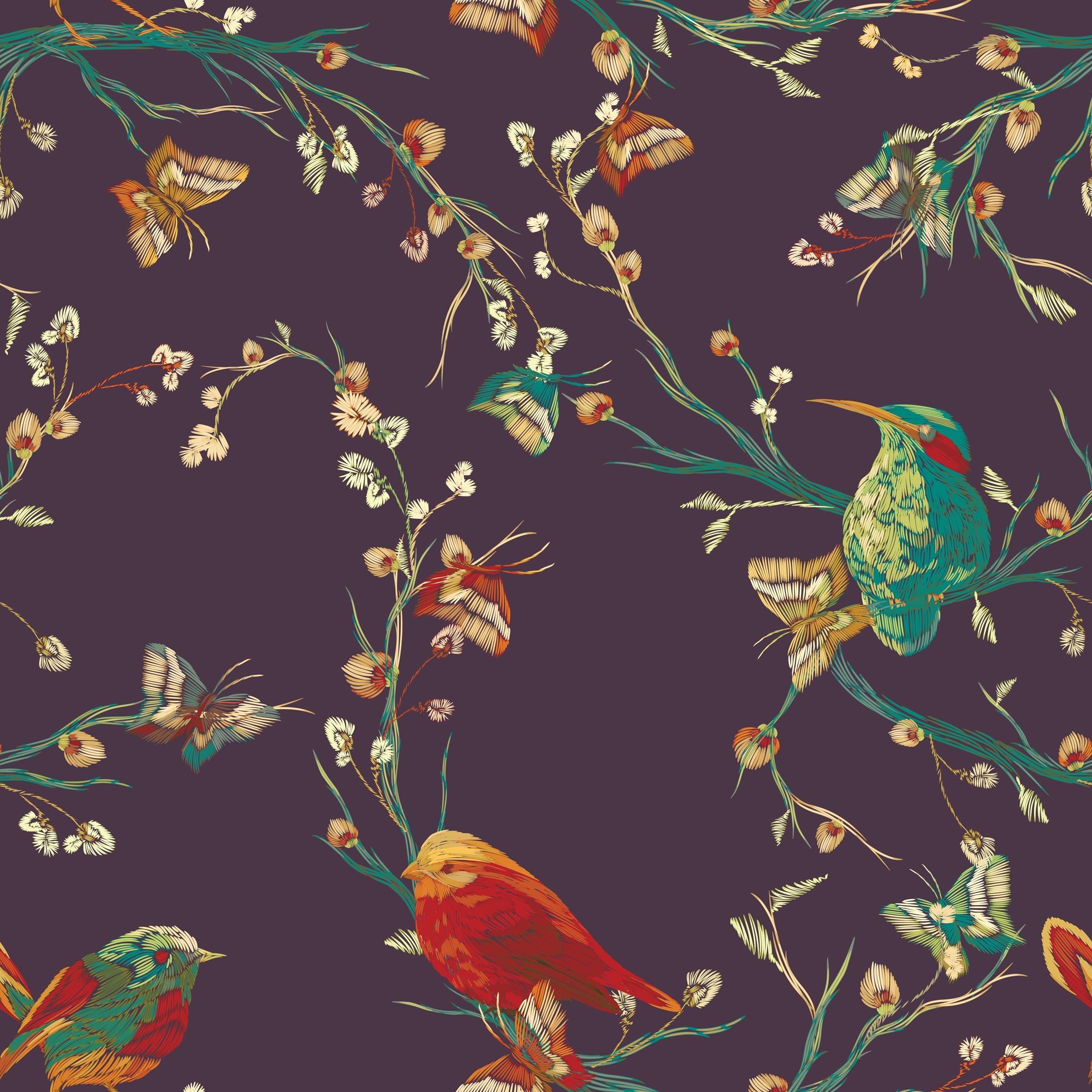 2400x2400 Mauve Vintage Floral with Birds Removable Wallpaper'ft H x 24''inch W