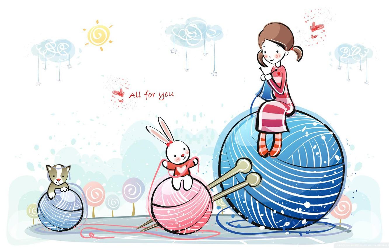 1332x850 Wallpaper girl, love, cat, sun, mood, hearts, bunny, artwork, feeling, Friendship, wool, ball of wool, paintig art image for desktop, section настроения