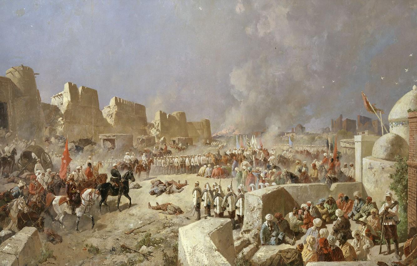 1332x850 Wallpaper soldiers, painting, Empire, The entry of Russian troops in Samarkand, June Karazin image for desktop, section живопись