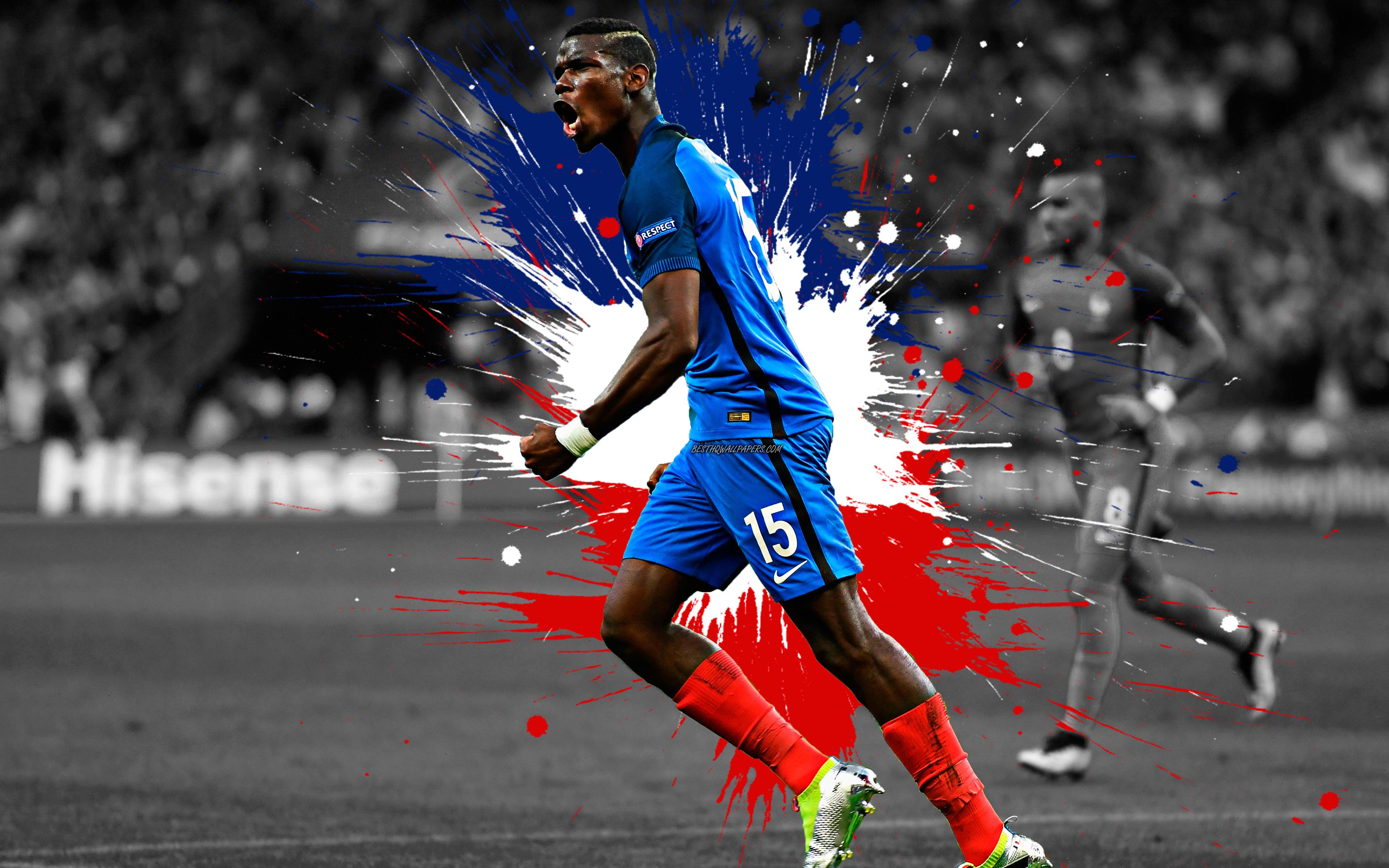 3840x2400 Download wallpaper Paul Pogba, 4k, France national football team, art, splashes of paint, grunge art, french footballer, creative art, France, football, Flag of France for desktop with resolution 3840x2400. High Quality HD