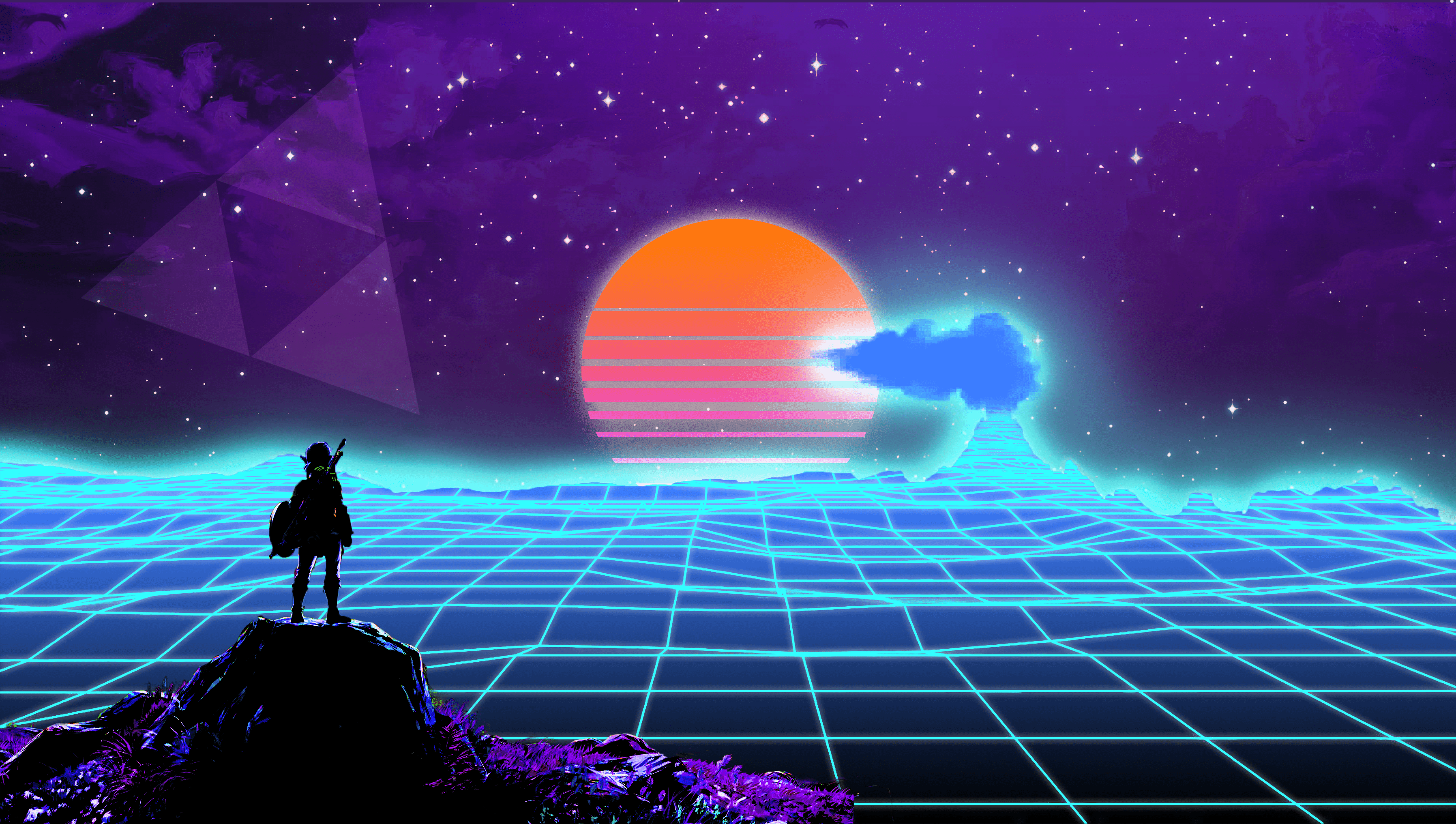3591x2032 clouds, Retrowave, Zelda, cyan, purple, Sun, video games, Triforce, Link, digital, The Legend of Zelda, blue. Mocah HD Wallpaper