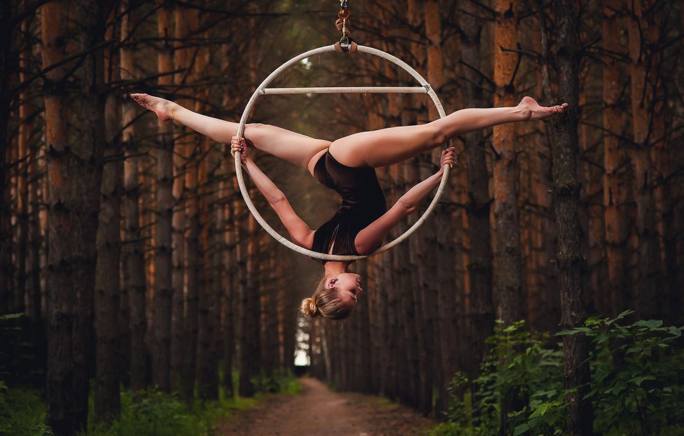 1332x850 Wallpaper forest, woman, art, dance, blonde, hoop, acrobatics image for desktop, section прочее