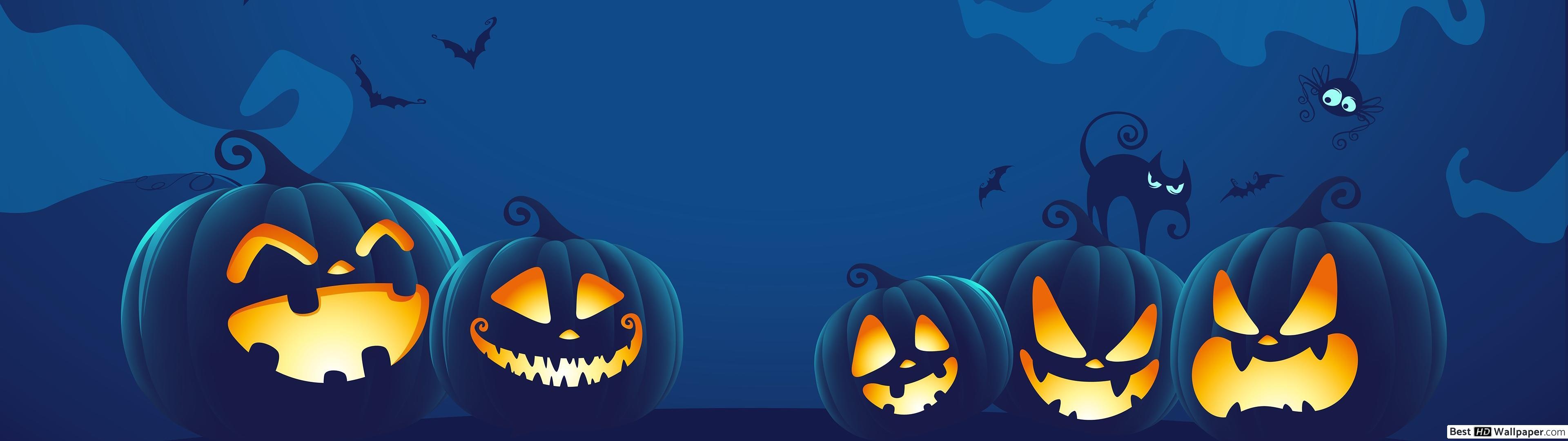 3840x1080 Halloween Pumpkins at Night HD wallpaper download