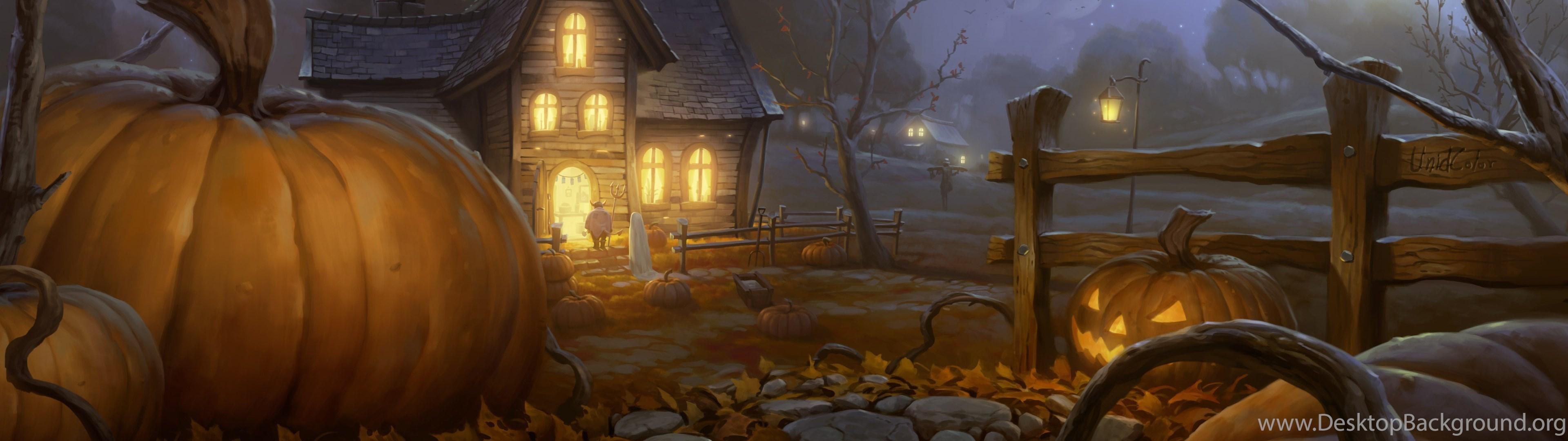 3840x1080 Halloween Pumpkins And Scary Night HD Wallpaper Desktop Background