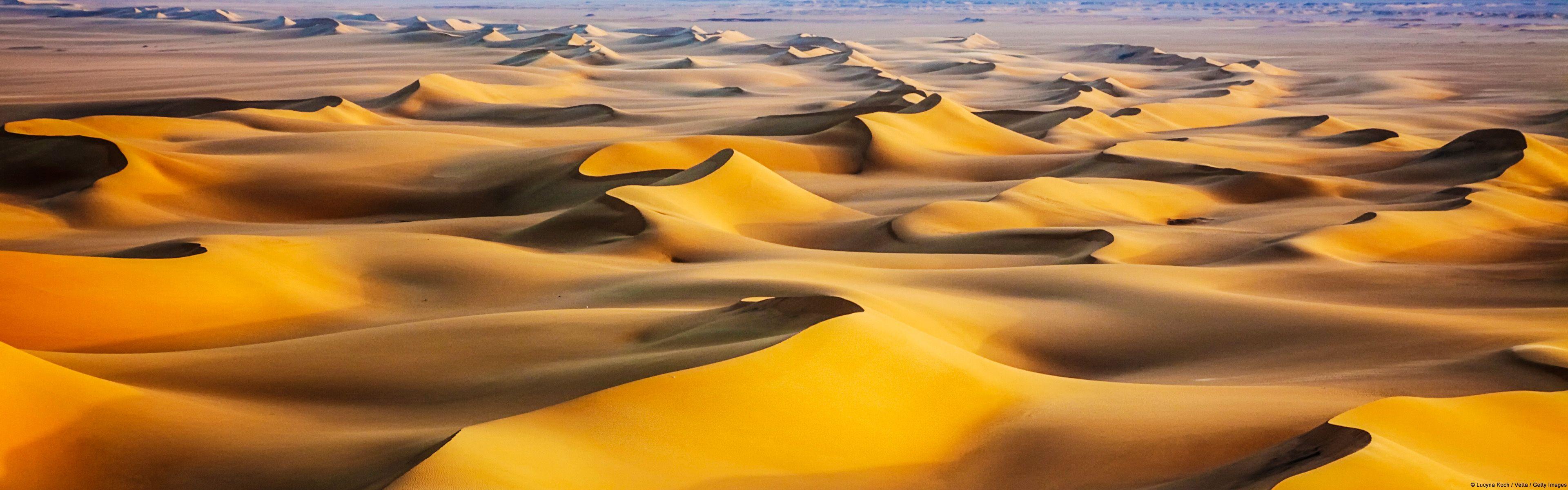3840x1200 Sand dunes at sunrise, White Desert, Egypt