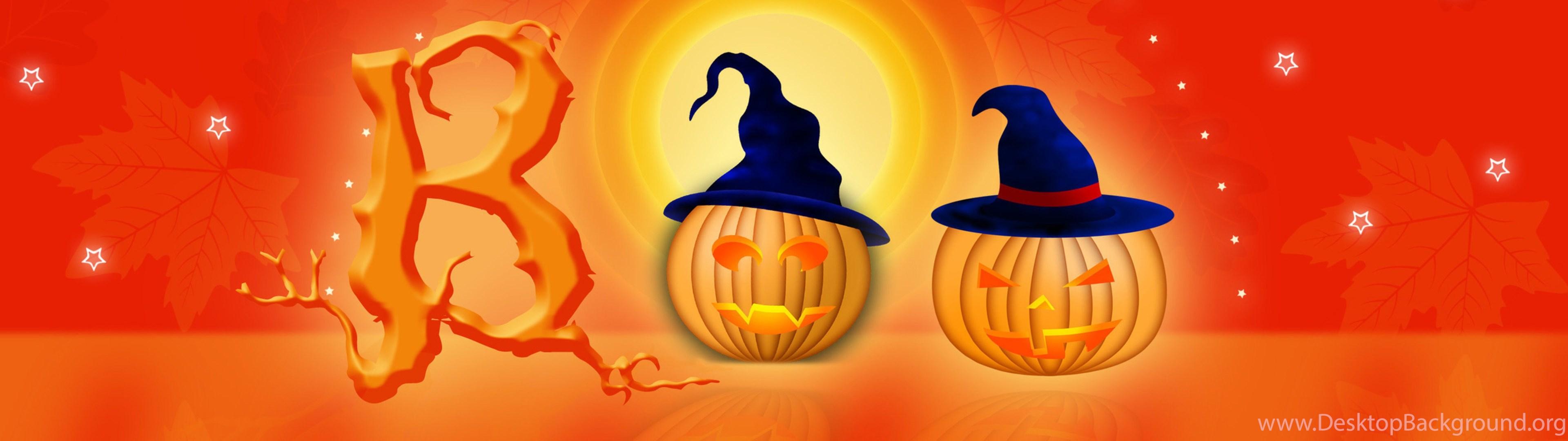 3840x1080 Simple Wallpaper With A Pumpkin For A Happy Halloween Desktop Background