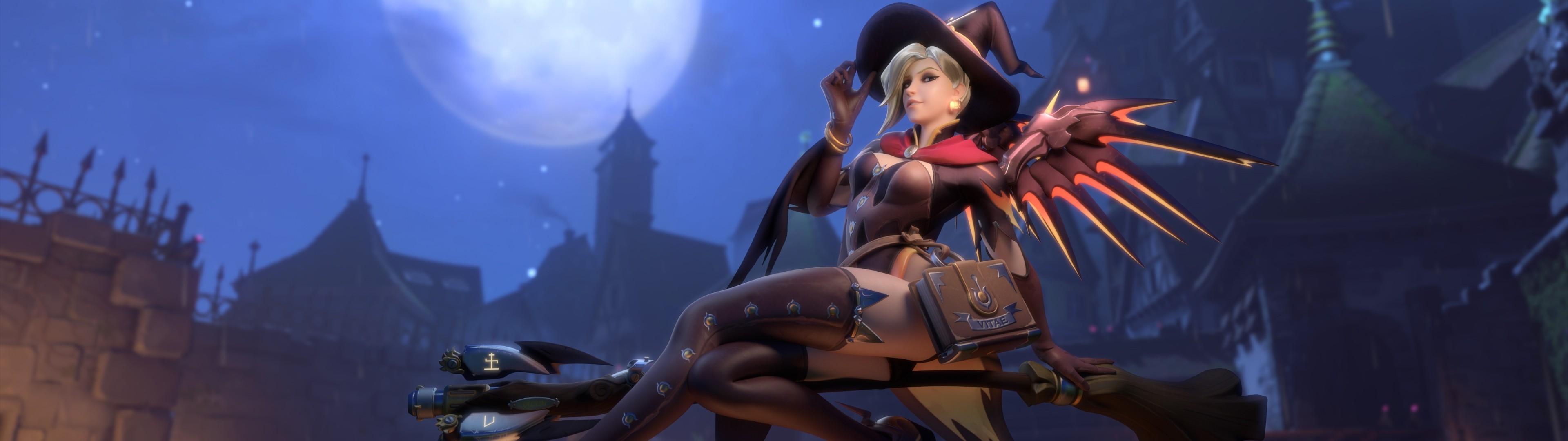 3840x1080 witch, Mercy (Overwatch), Overwatch, Halloween Wallpaper HD / Desktop and Mobile Background