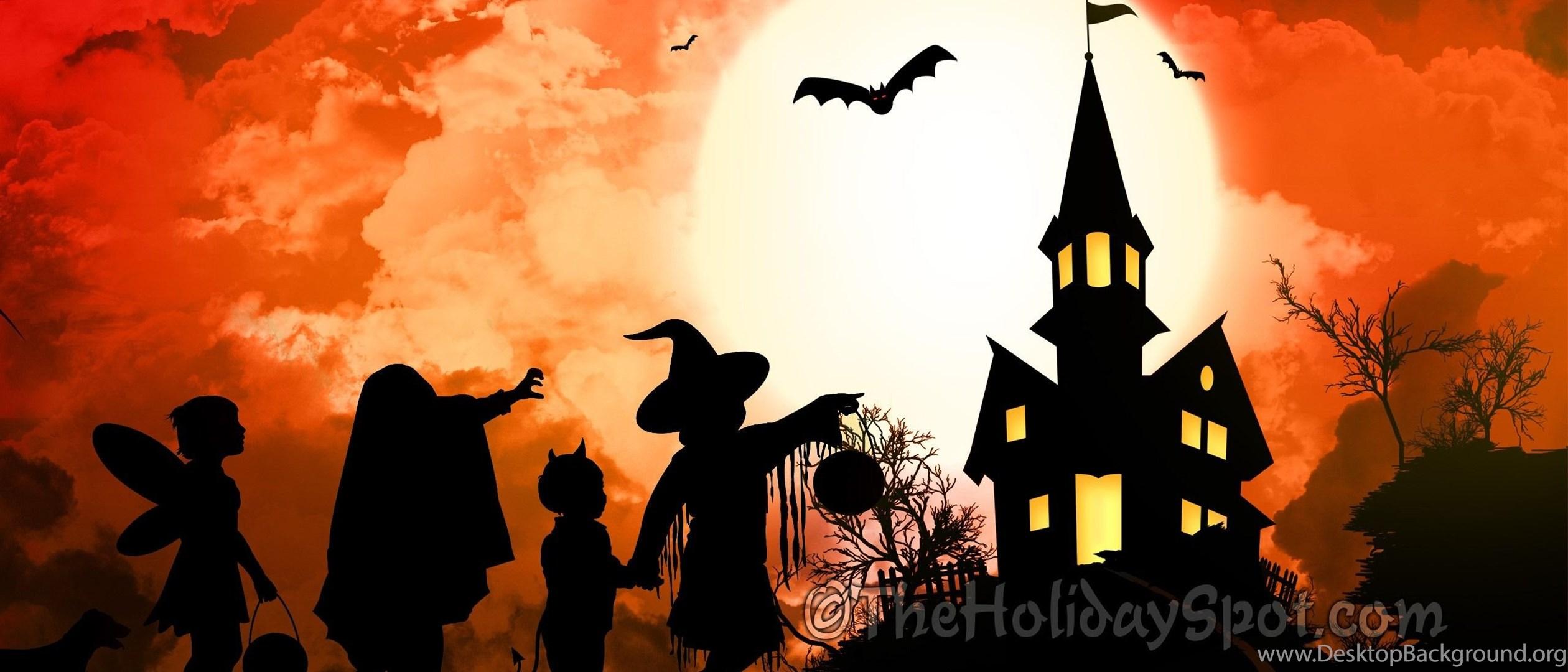 2520x1080 Halloween Wallpaper Trick Or Treat Kids In Front Of Spooky Black. Desktop Background