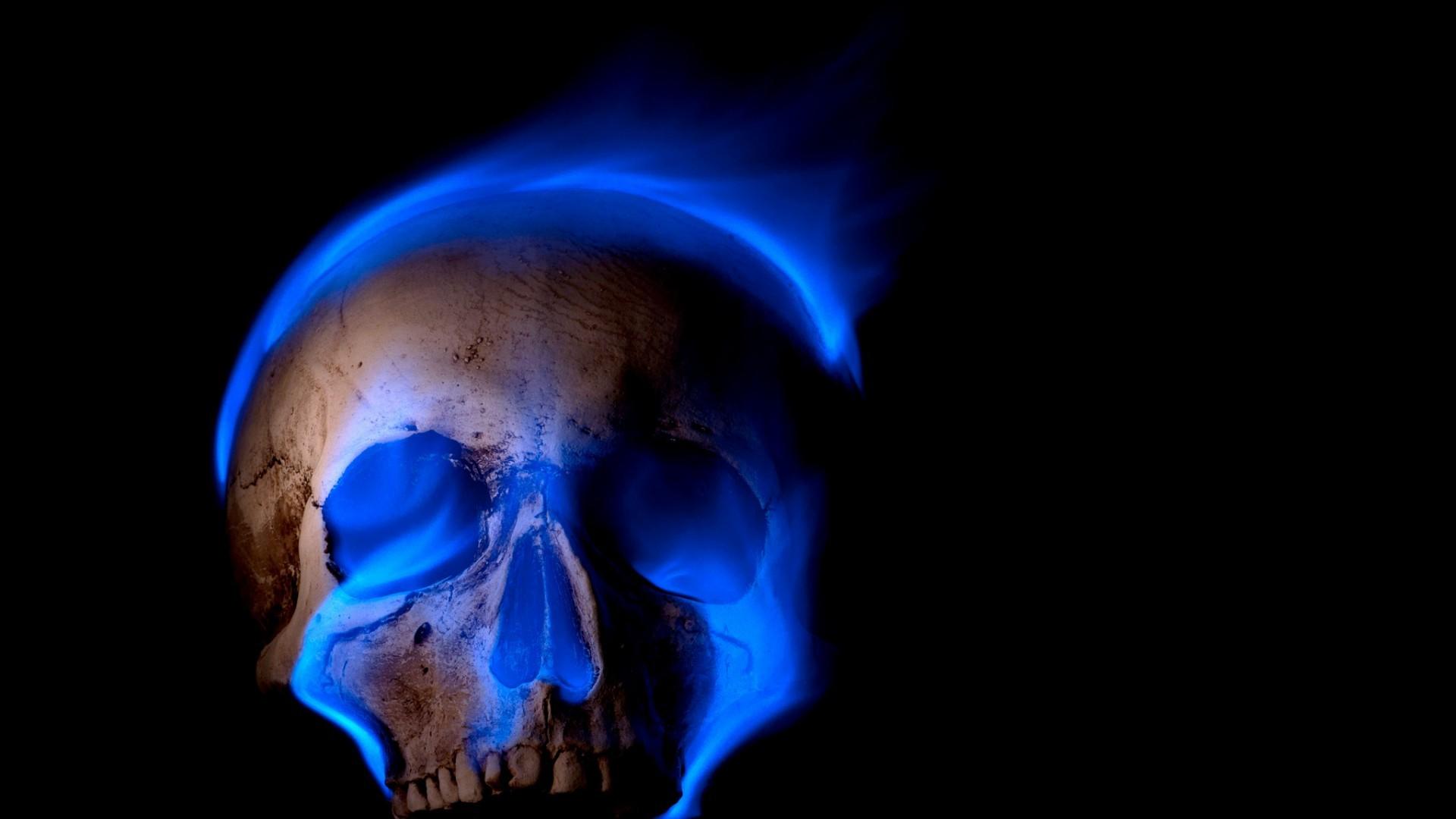 1920x1080 #skull, #fire, #black background, #teeth, #Gothic, #digital art, #burning, #death, #blue flames, #spooky, wallpaper. Mocah HD Wallpaper