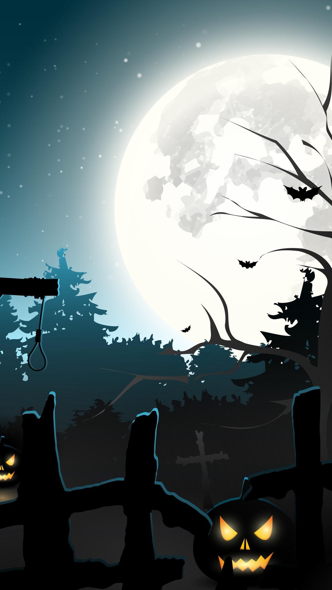 1080x1920 Full Moon, Halloween, Graveyard, Scary, Creepy, Pumpkins, Halloween Wallpaper Vector