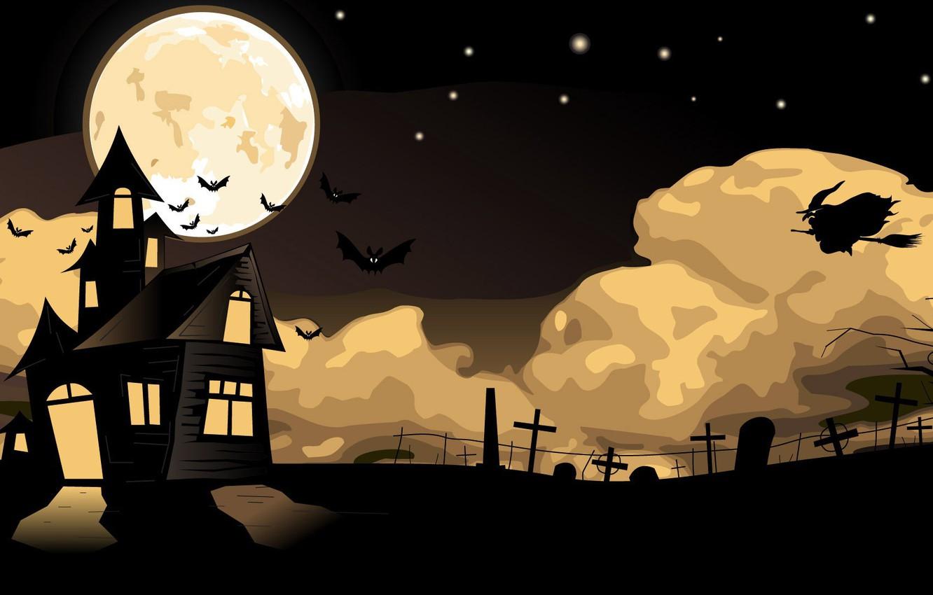 1332x850 Wallpaper Halloween, moon, house, holidays, flying, cemetery, fear, bats, witch, scary image for desktop, section праздники