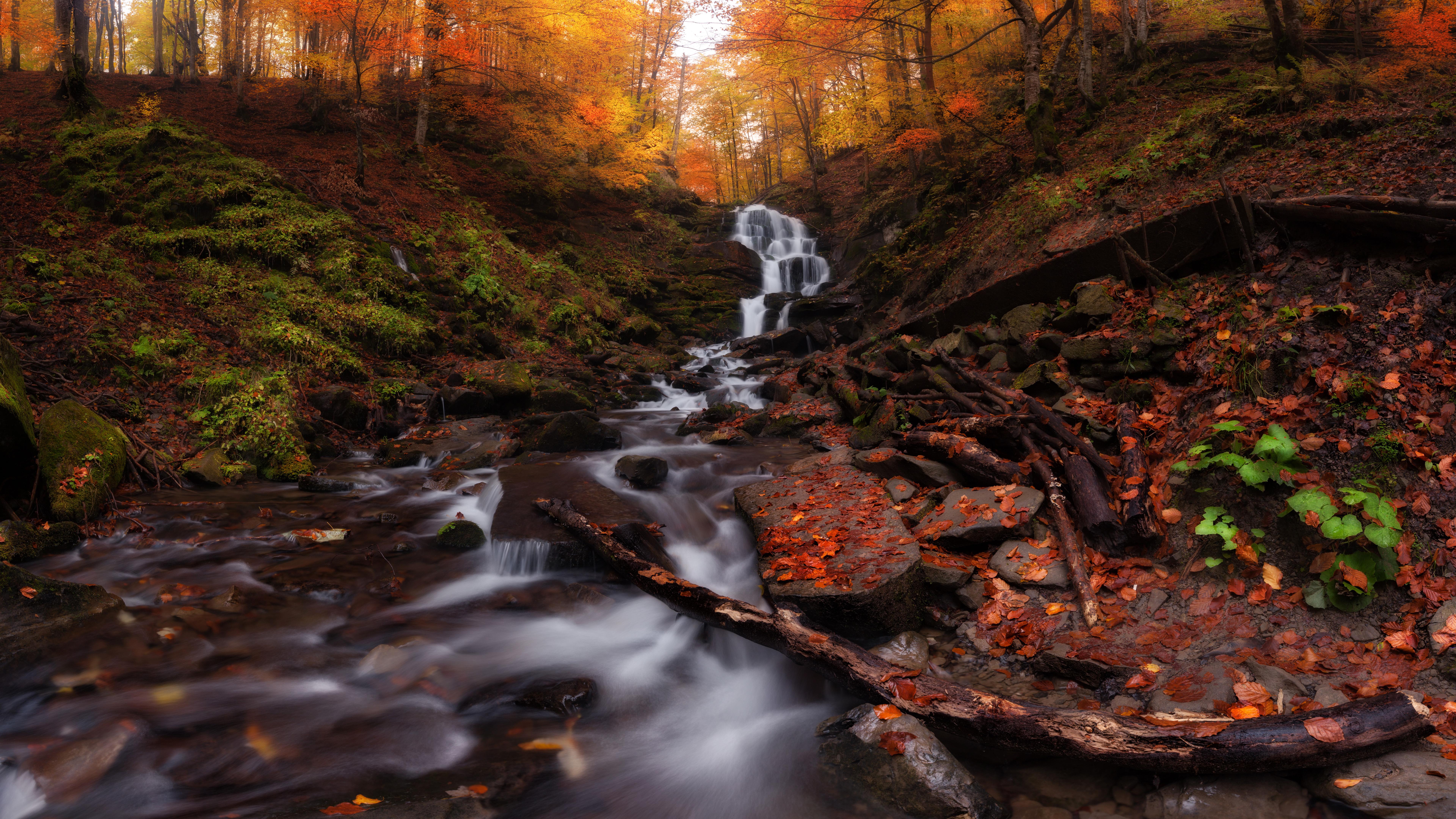 7680x4320 Autumn forest Waterfall 4K 8K Wallpaper