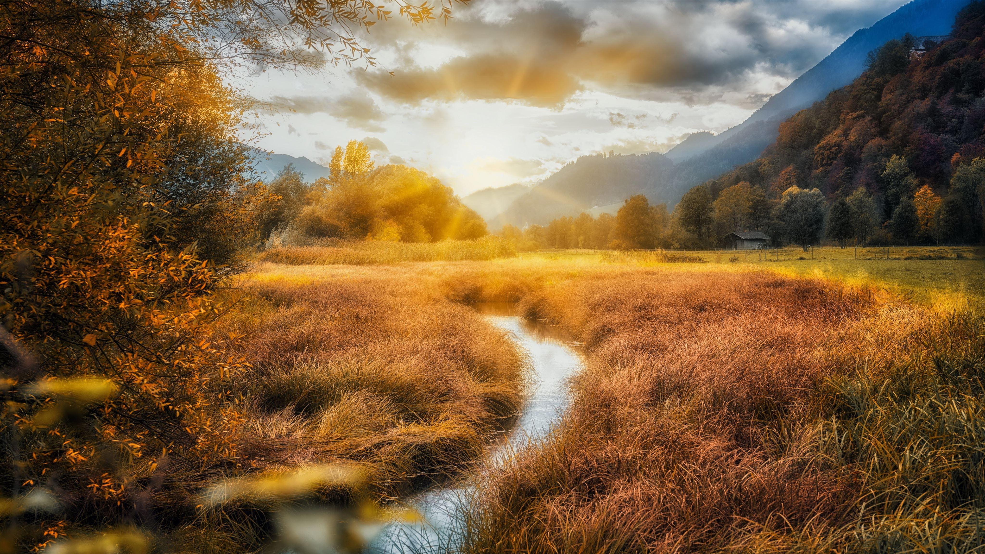 4096x2304 mountains rivers fields autumn clouds 5k iMac Wallpaper Download