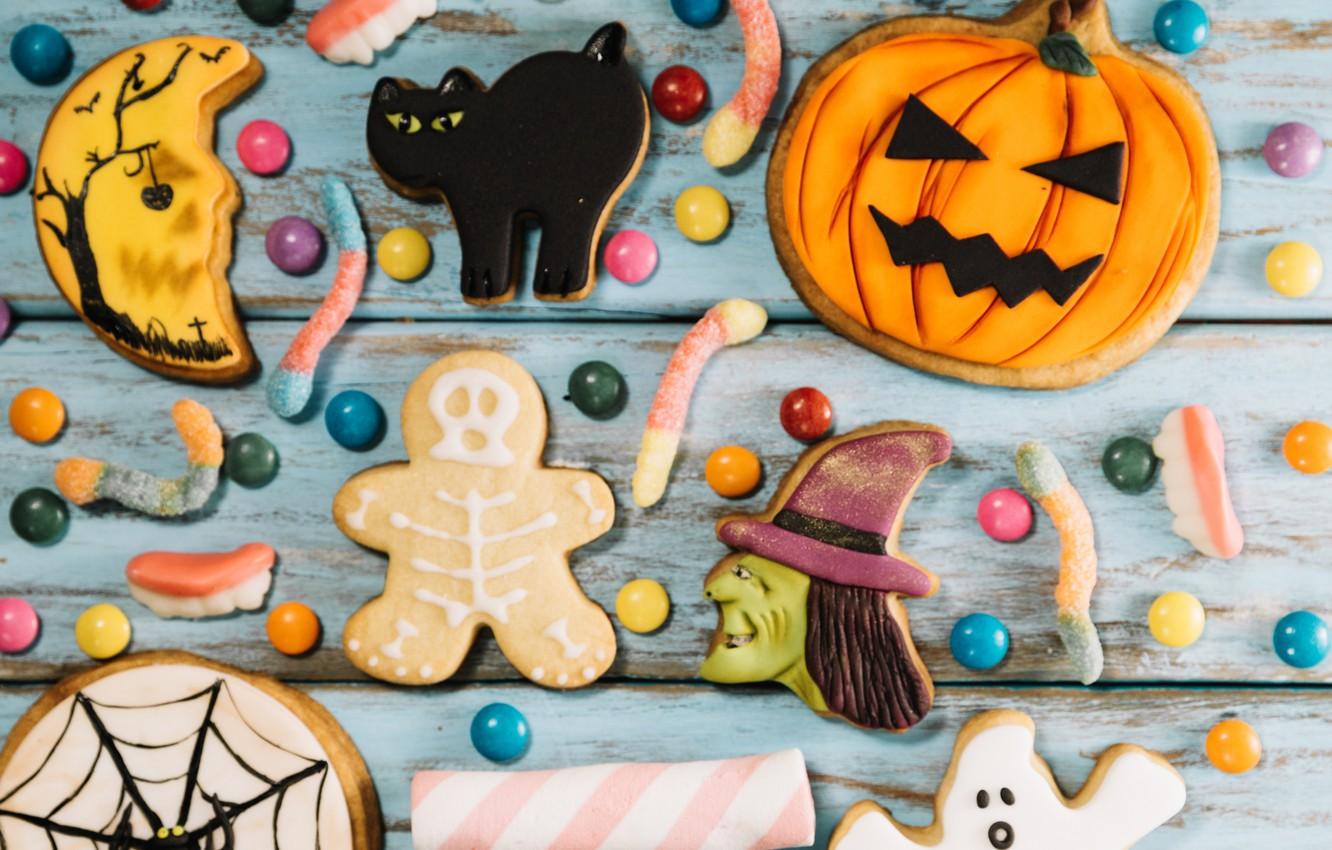 1332x850 Wallpaper cat, holiday, spider, cookies, skeleton, pumpkin, Halloween image for desktop, section еда