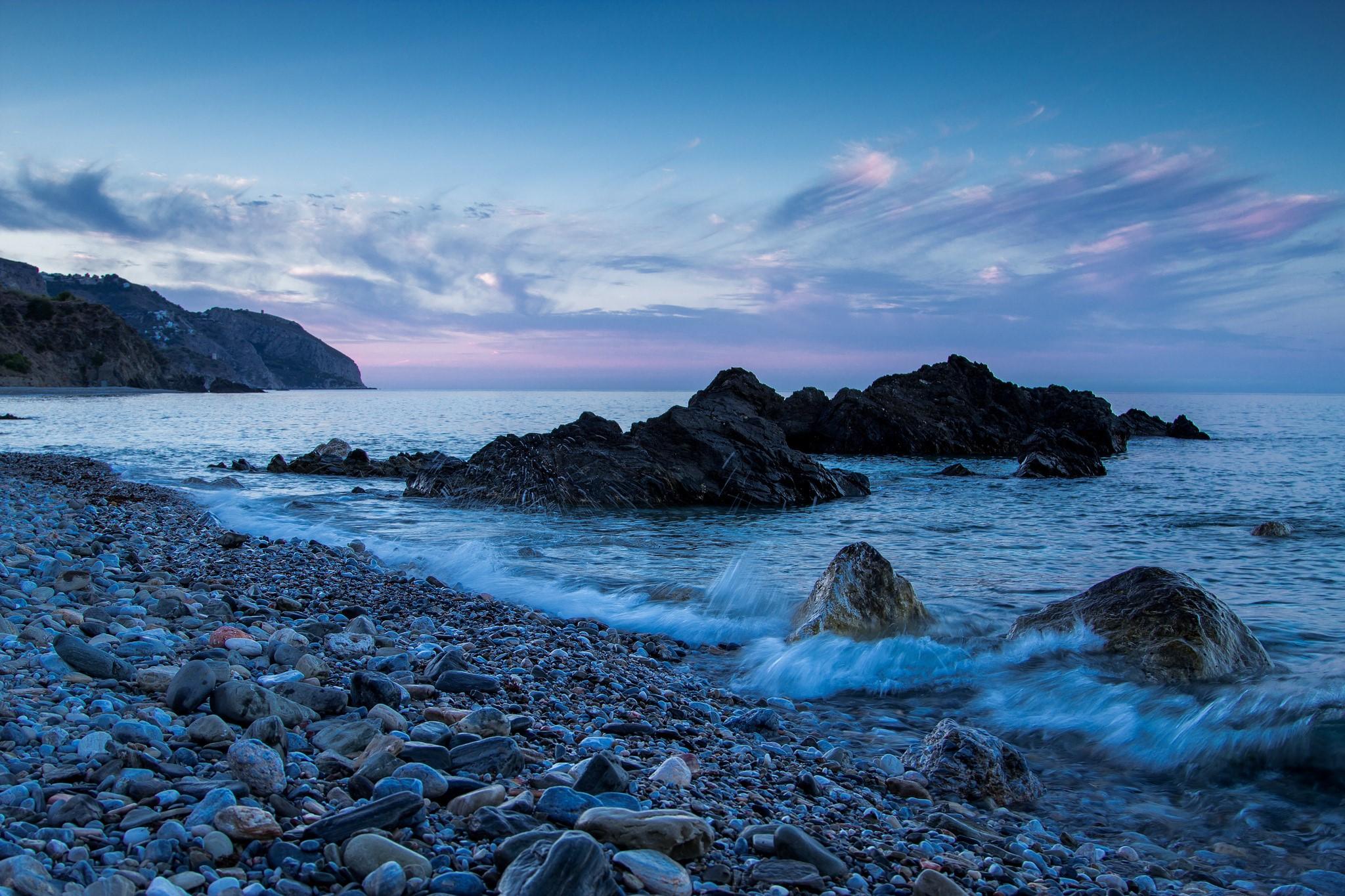 2048x1365 Andalusia, Costa del Sol, Mediterranean Sea, Spain, Stones, Sea, Clouds. Mocah HD Wallpaper
