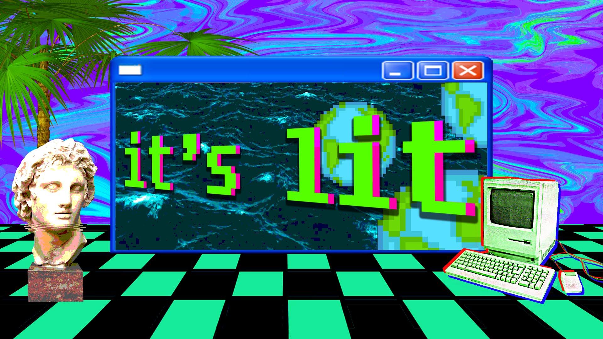 1920x1080 Vaporwave Retrowave Statue Retro Computers Trees Grid Wallpaper:1920x1080