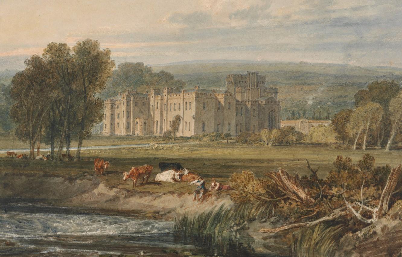 1332x850 Wallpaper trees, landscape, nature, castle, picture, cows, watercolor, William Turner, View of Hampton Court, from the Southeast, Herefordshire image for desktop, section живопись