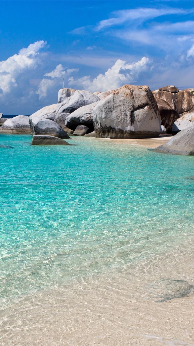 750x1334 Wallpaper Sea, clear water, stones, beach, clouds, tropical 5120x2880 UHD 5K Picture, Image