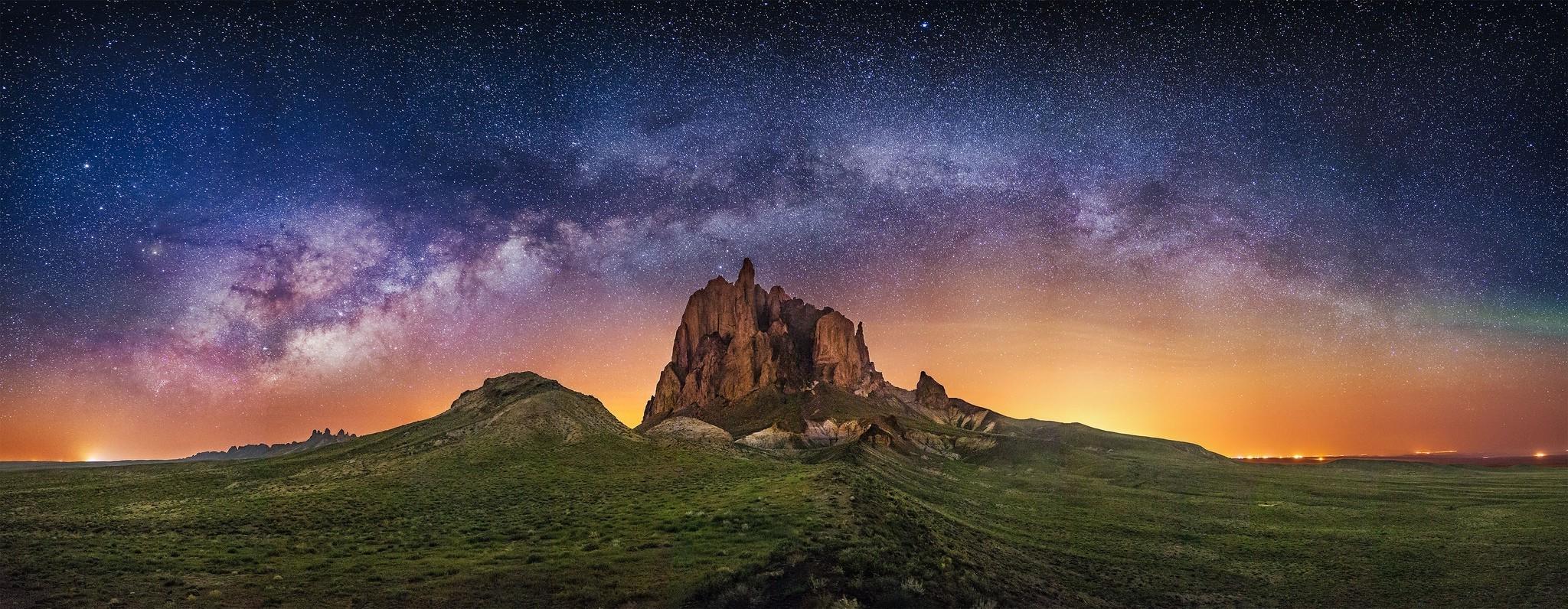 2048x796 nature photography landscape milky way starry night rock lights galaxy long exposure new mexico wallpaper