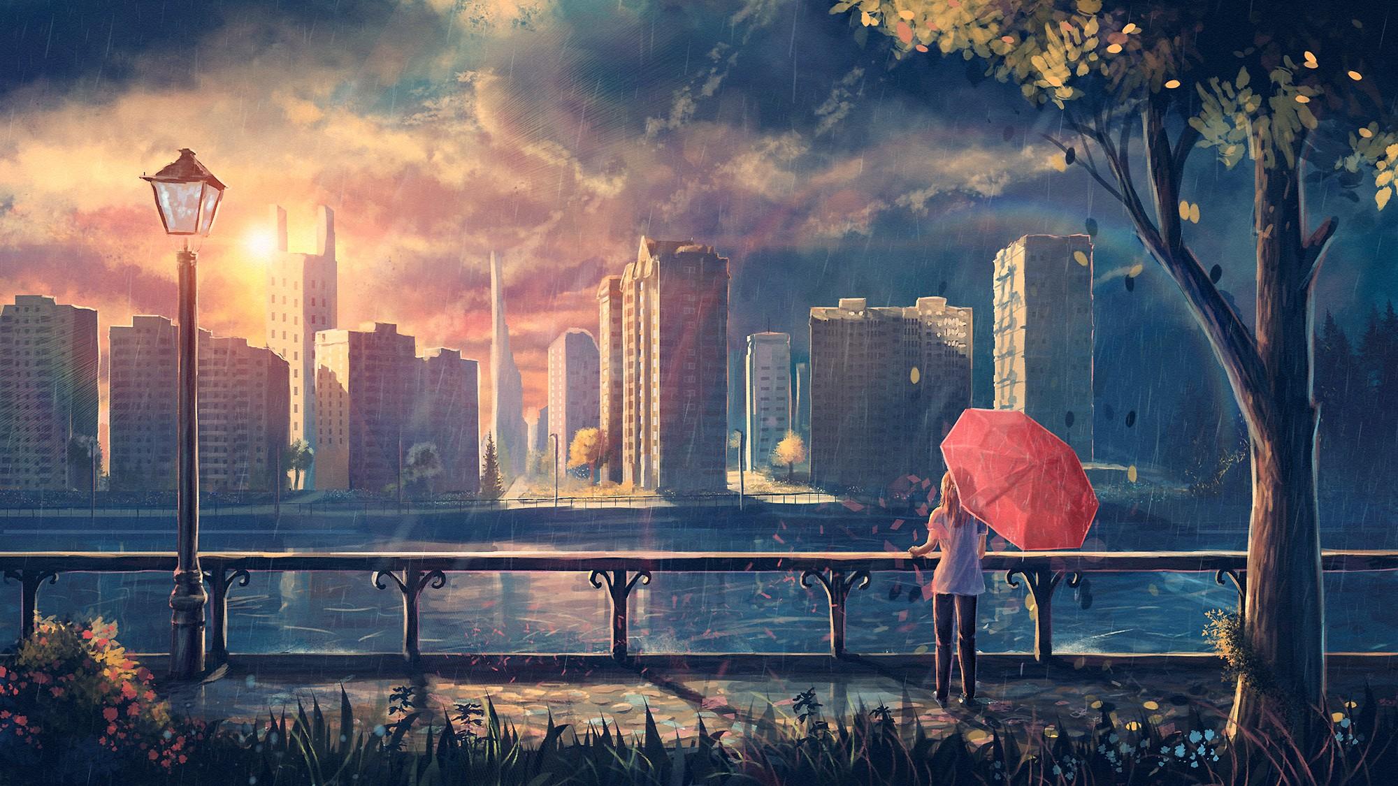 2000x1125 #anime girls, #umbrella, #artwork, #cityscape, #anime, #city, #park, #fantasy art, #rain, #painting, wallpaper. Mocah HD Wallpaper