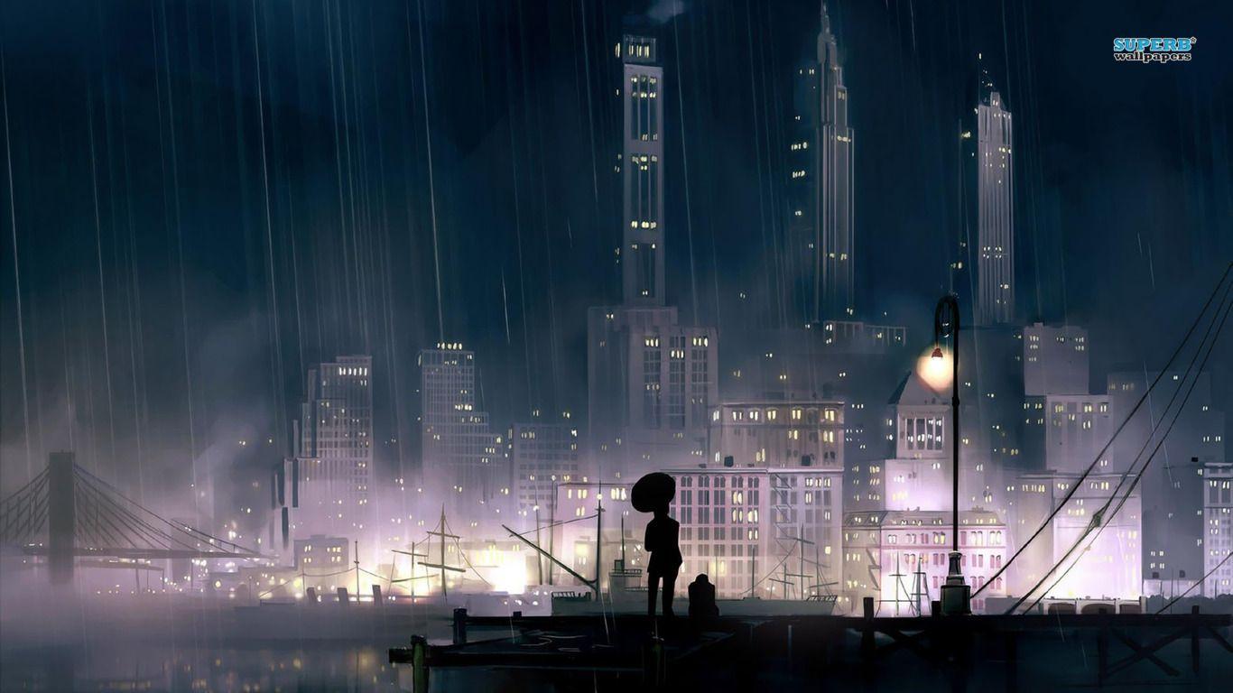 1366x768 rainy city night wallpaper pemandangan anime, Wallpaper anime, Pemandangan anime