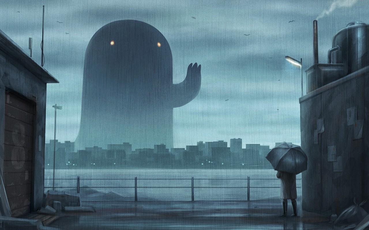 1280x800 #landscape, #creature, #city, #anime, #artwork, #umbrella, #rain, #cityscape, wallpaper. Mocah HD Wallpaper