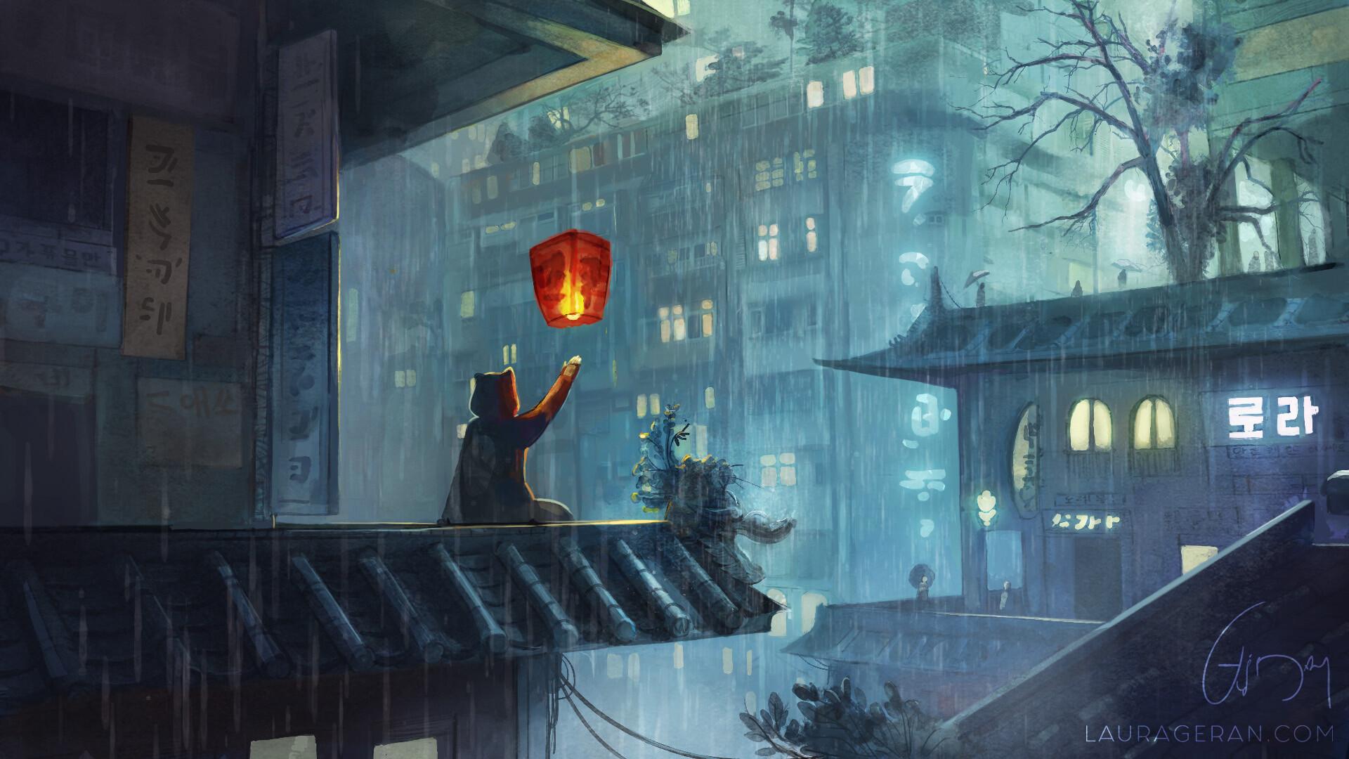 1920x1080 Rainy City Night Laura Géran