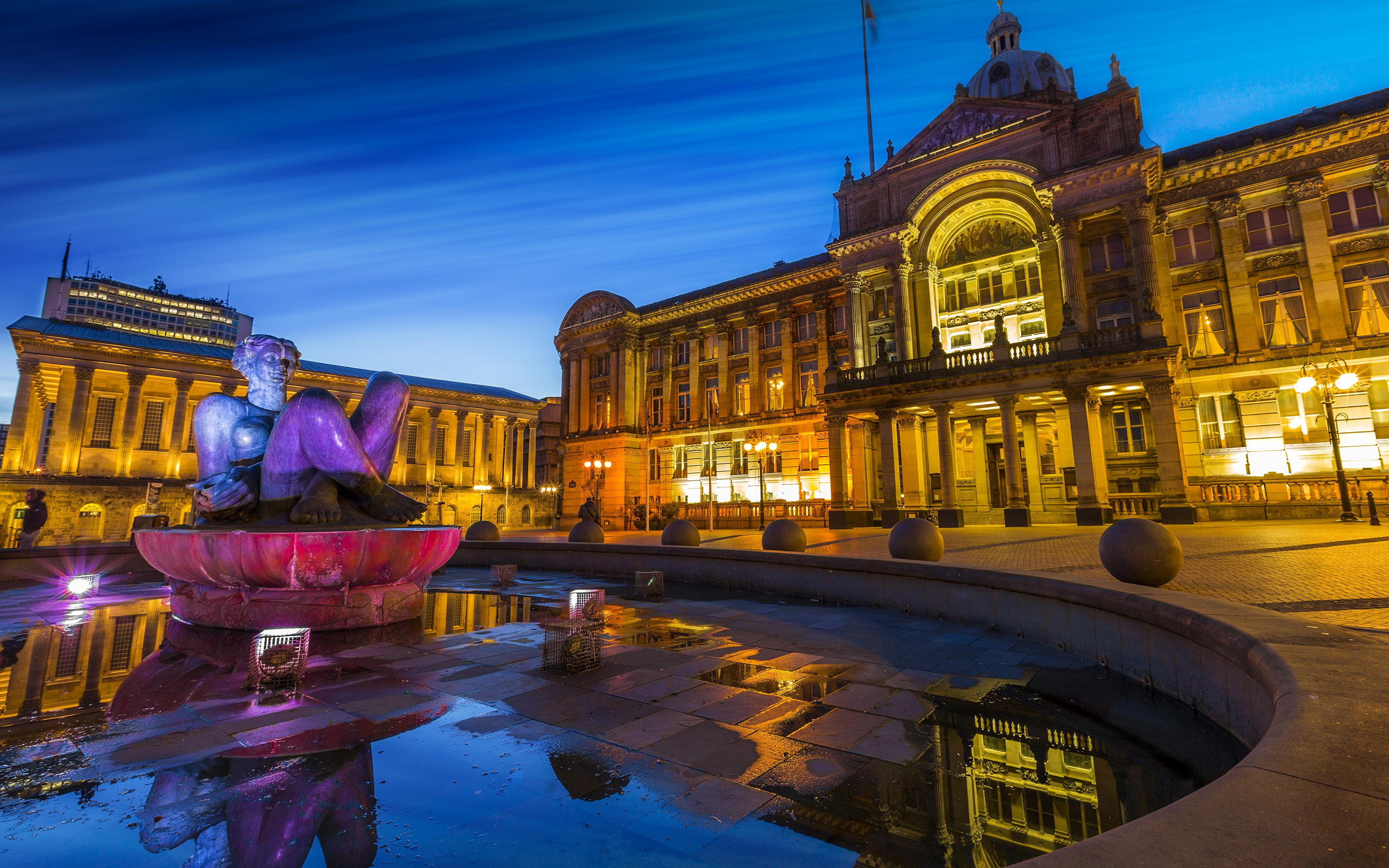 3840x2400 image Palace England Fountains Birmingham Night Street 3840x2400