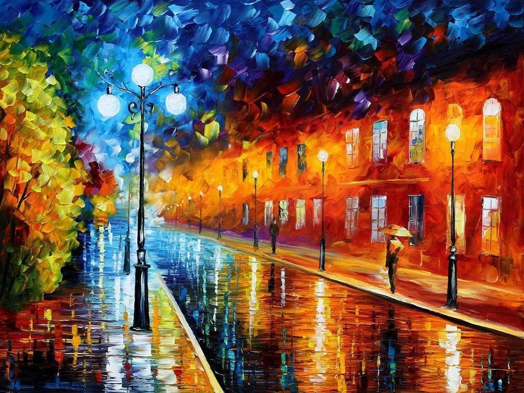 1024x768 #artwork, #street, #Leonid Afremov, #painting wallpaper. Mocah HD Wallpaper