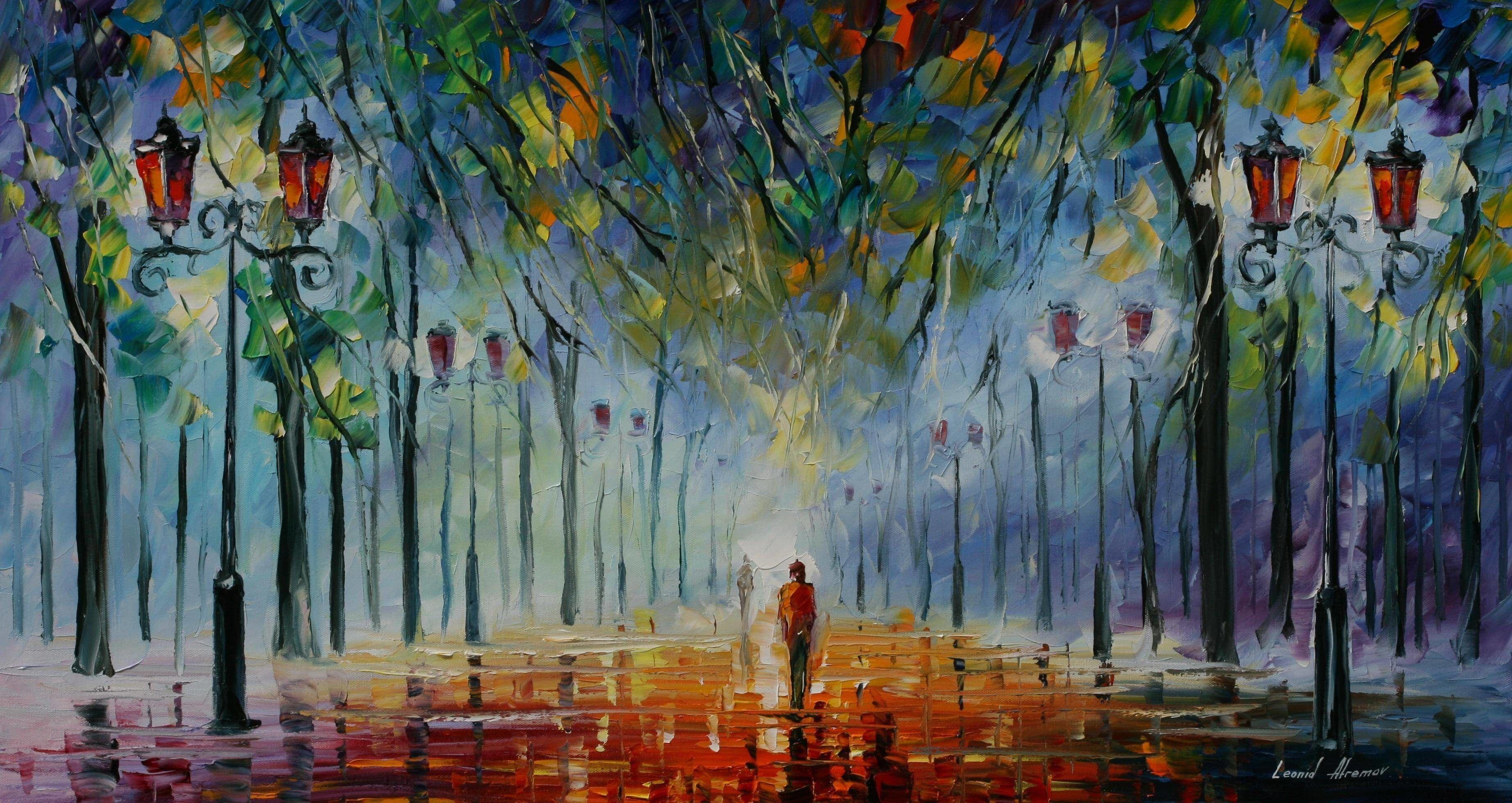 3688x1960 Res: 3688x Download wallpaper Leonid Afremov, picture, people, lights free. Painting, Oil painting picture, Oil painting on canvas