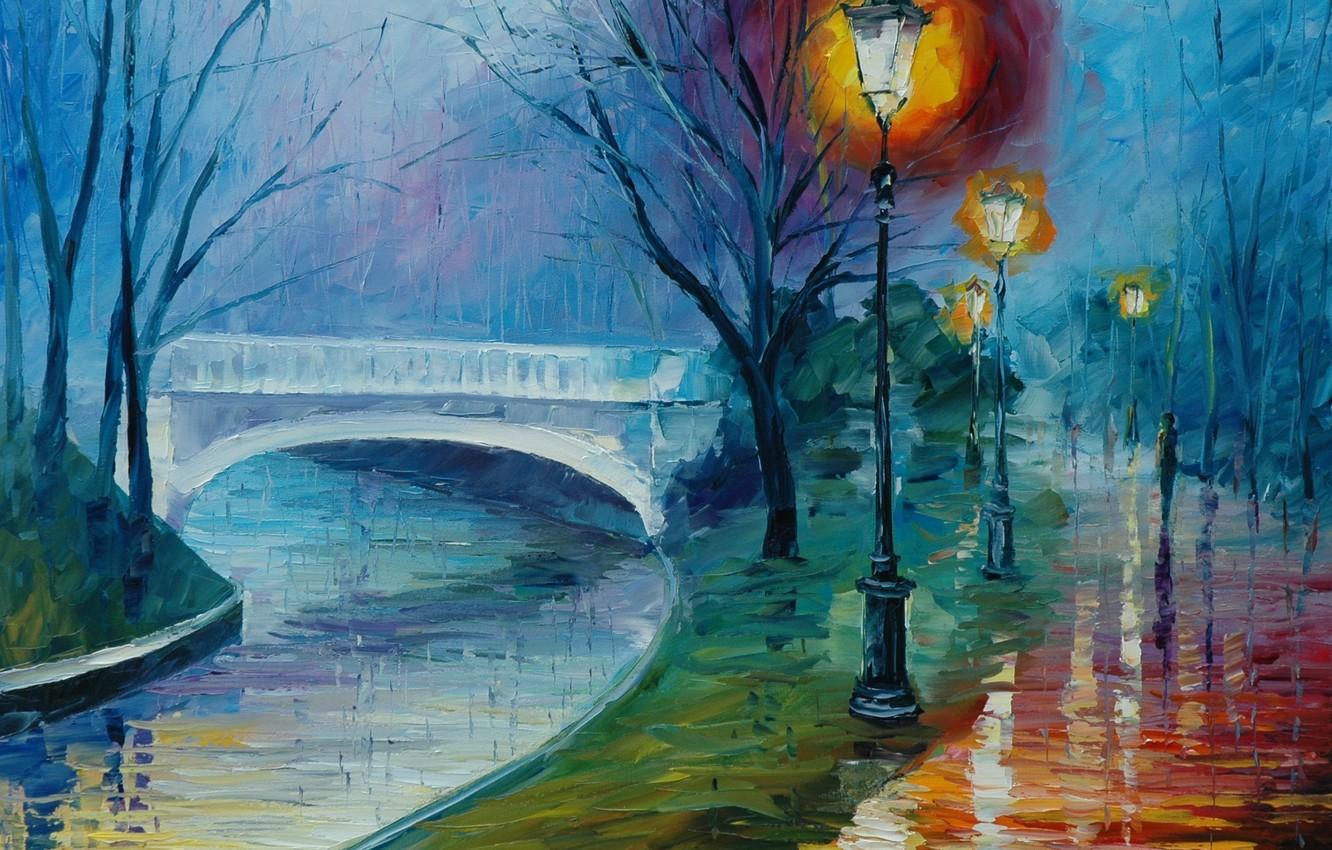1332x850 Wallpaper road, water, light, river, rain, lights, weather, the bridge, Leonid Afremov image for desktop, section живопись