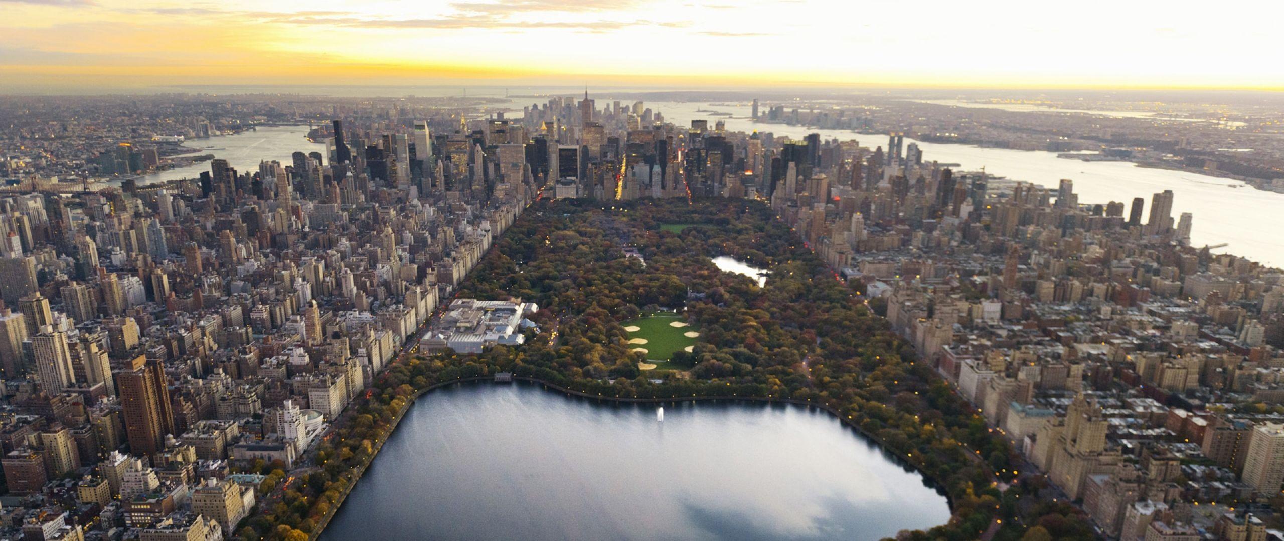 2560x1080 HD Background Central Park New York City Lake Skyscrapers Wallpaper