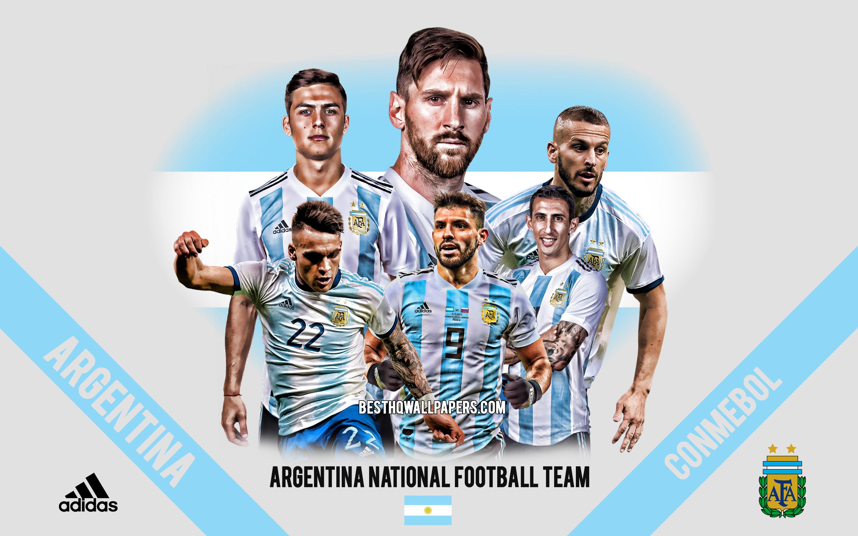2880x1800 Download wallpaper Argentina national football team, team leaders, CONMEBOL, Argentina, South America, football, logo, emblem, Lionel Messi, Sergio Leonel Aguero, Paulo Dybala, Lautaro Martinez for desktop with resolution 2880x1800. High Quality HD