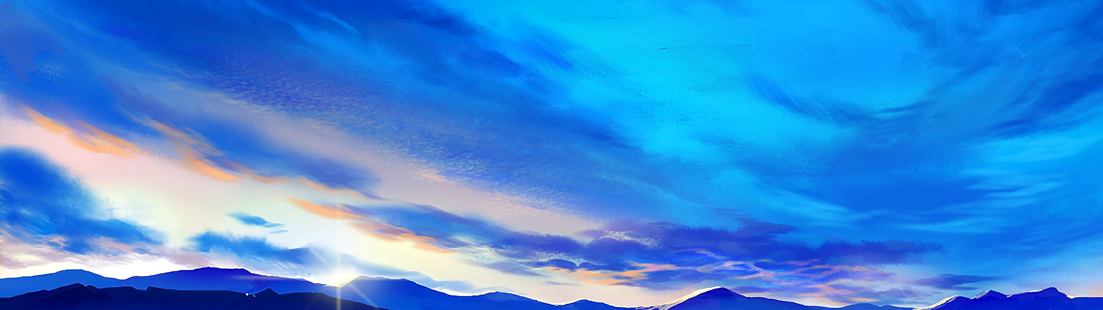 3840x1080 Anime Mountain Landscape Sunrise Scenery 4K Wallpaper