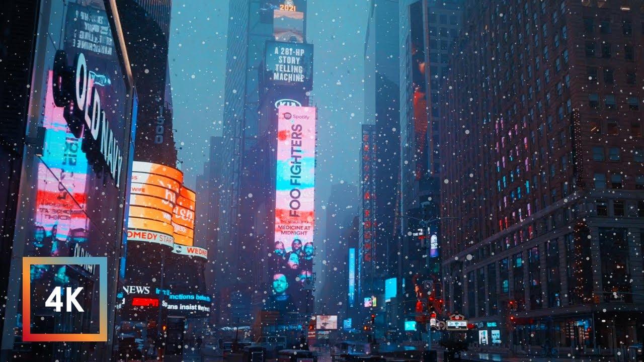 1280x720 Snowfall in Times Square, NYC. Walking in New York City in the Winter Snow, 4k
