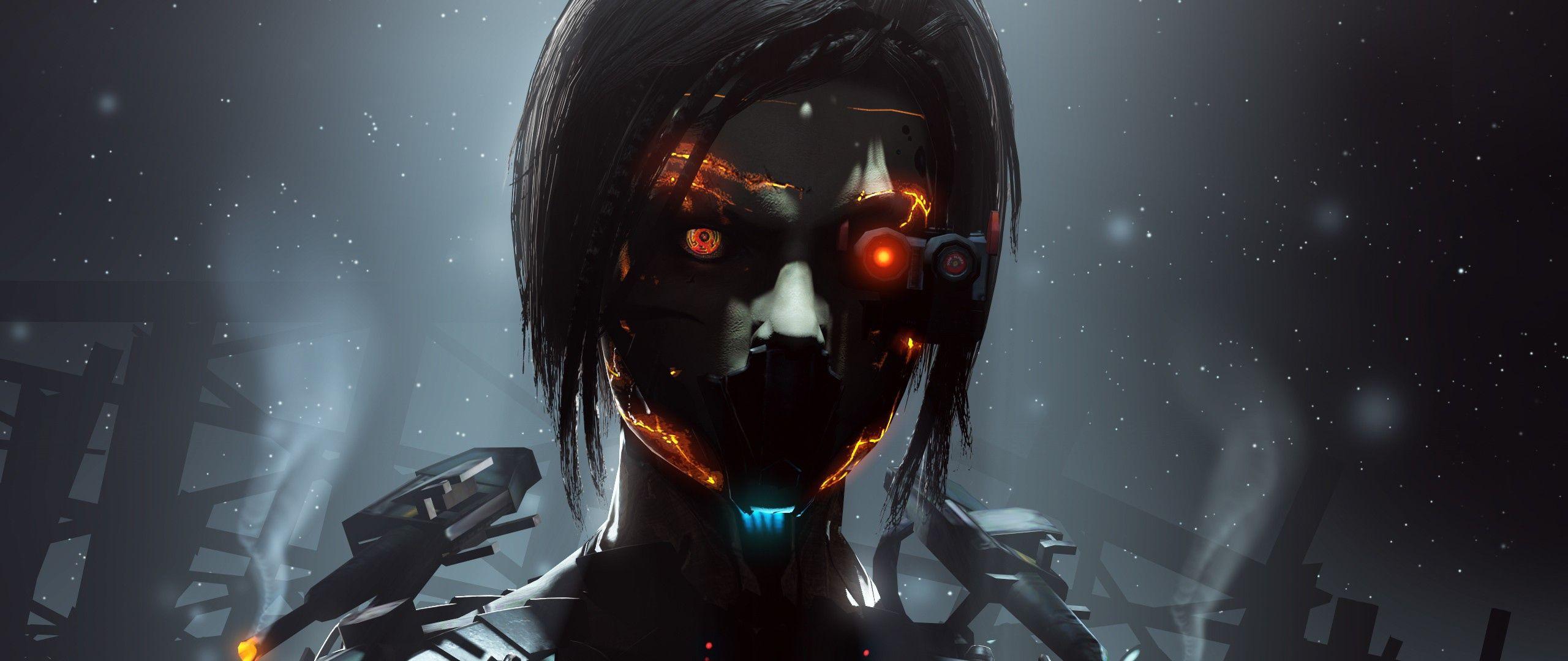 2560x1080 HD Background Robot Girl Cyborg Orange Eyes Dark Wallpaper