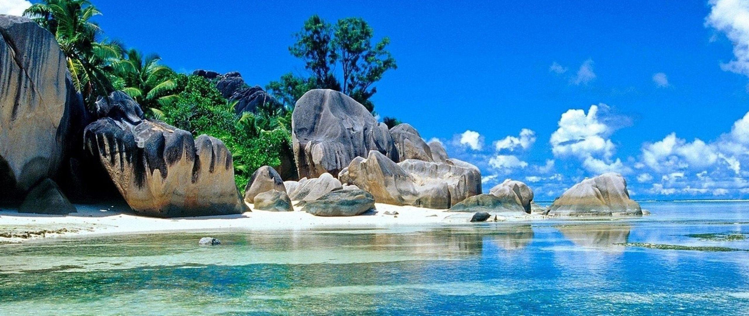 2560x1080 Download HD Sea Tropical Island Stones Sky Blue Summer Wallpaper